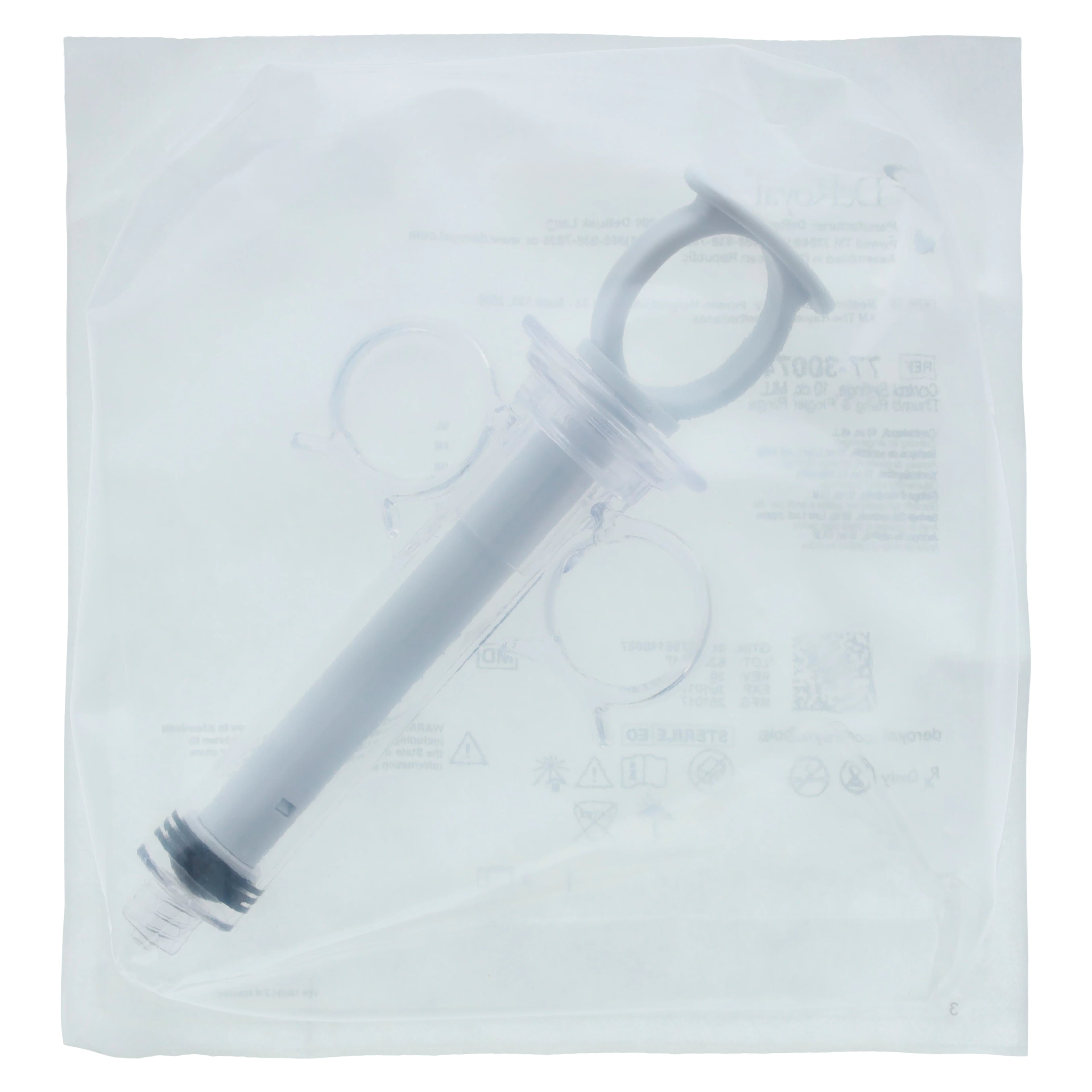 DeRoyal Control Syringe, 10 mL, Male Luer Lock, No Dead Space, Polycarbonate, with Thumb/Finger Rings, Sterile, 25/Case