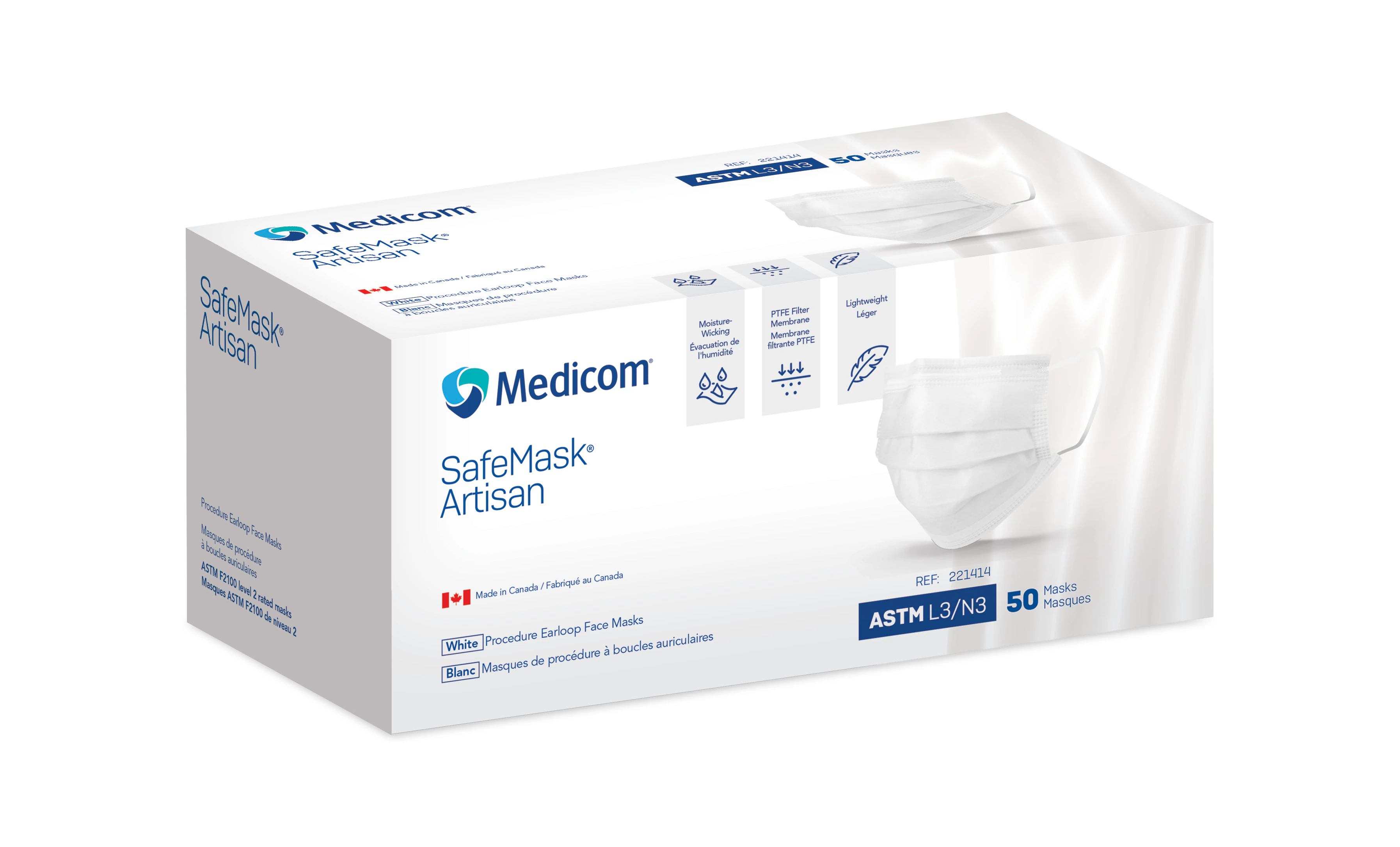 Medicom SafeMask Artisan Earloop Face Mask, ASTM Level 3, White, 50/Box, 221414