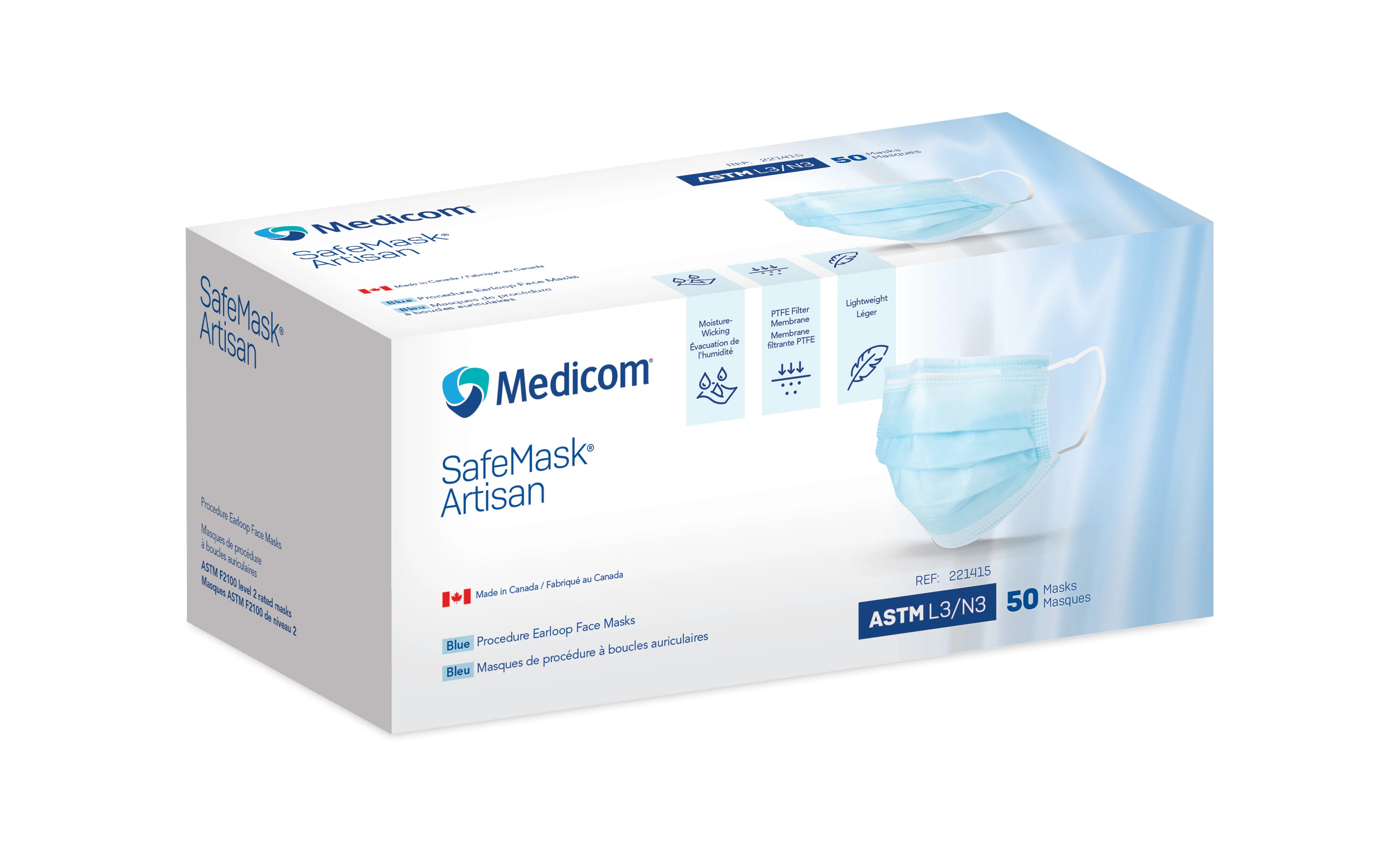 Medicom SafeMask Artisan Earloop Face Mask, ASTM Level 3, Blue, 50/Box, 221415