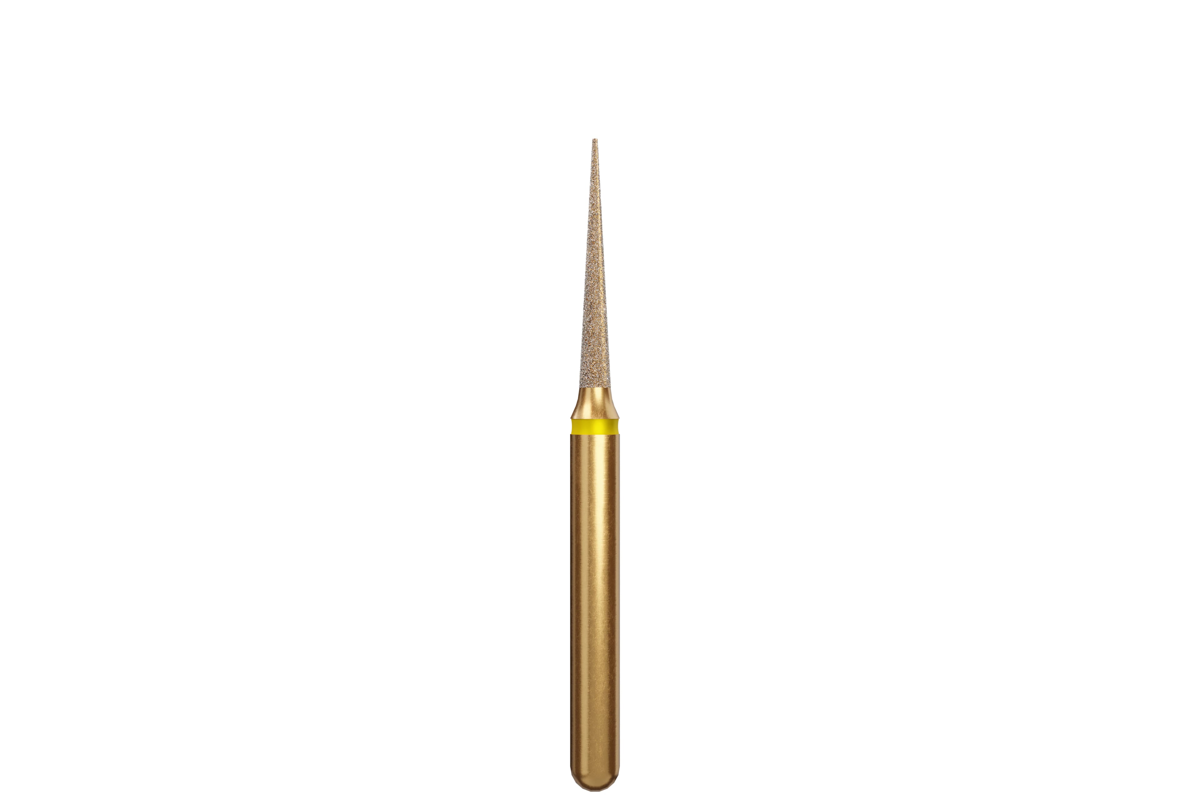Coltene Alpen Multi-Use Multilayer Diamond Bur, FG, Extra Fine, Flame/Needle Shape, #858-012, 1.2 mm Head Diameter, 8 mm Head Length, Yellow Ring, 5/Pkg
