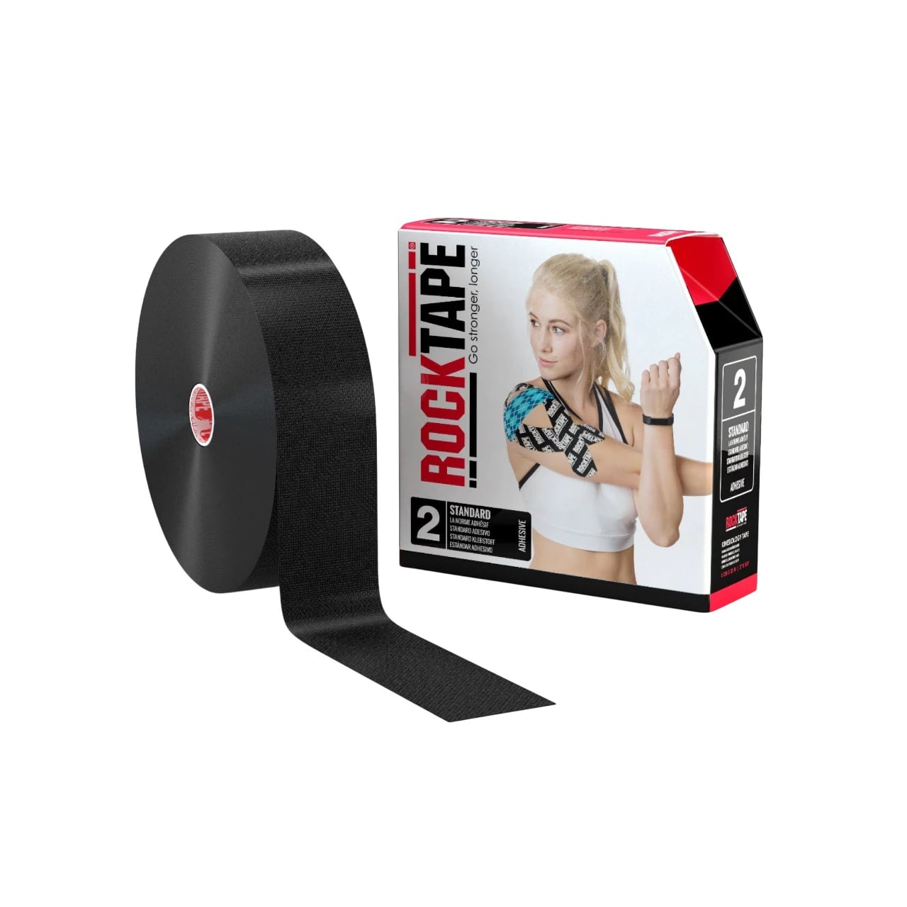 RockTapeRx Kinesiology Tape, 97% Cotton/3% Nylon, 2" x 105', Black, Each