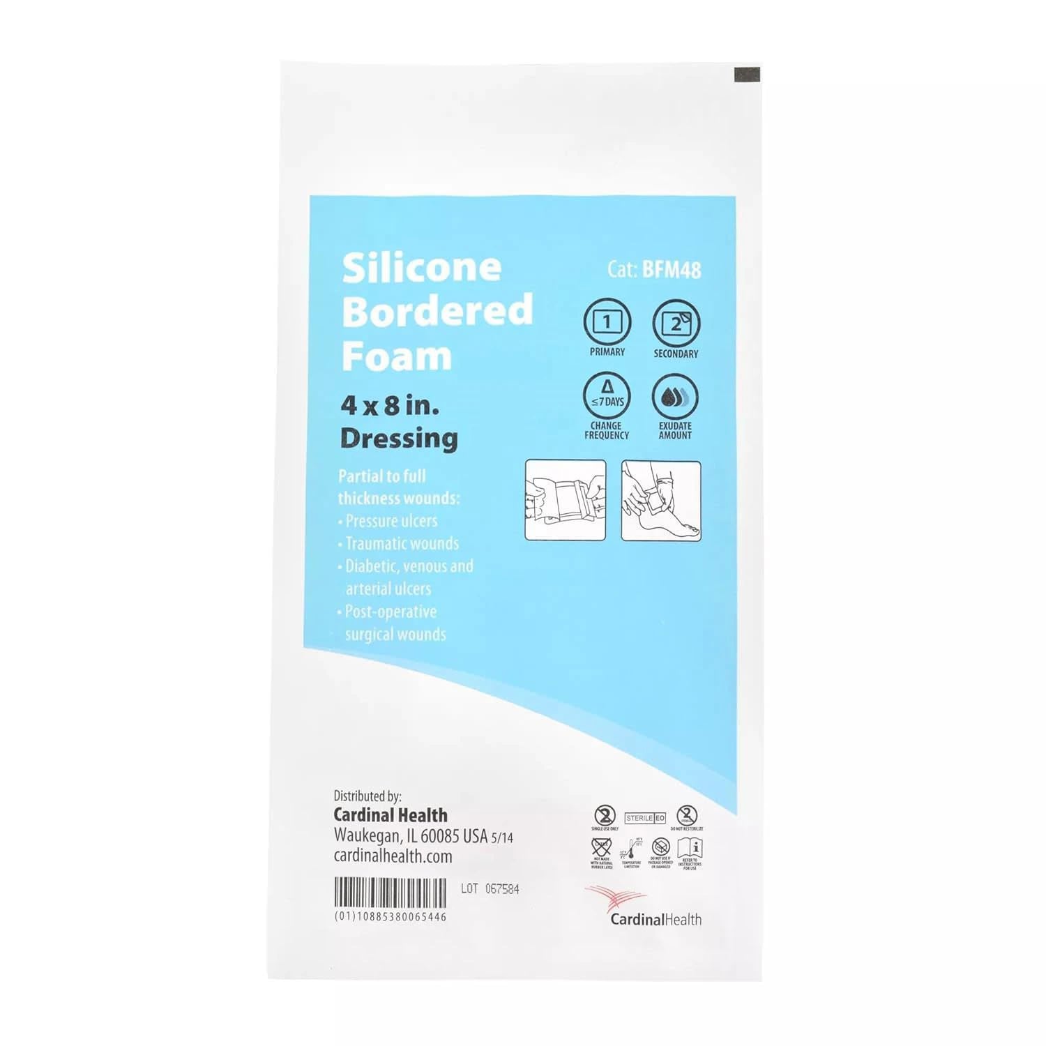 Kendall Foam Dressing, 4x8", 5 Layer, Sterile, Bordered Silicone Adhesive, Highly Absorbent, Latex-Free