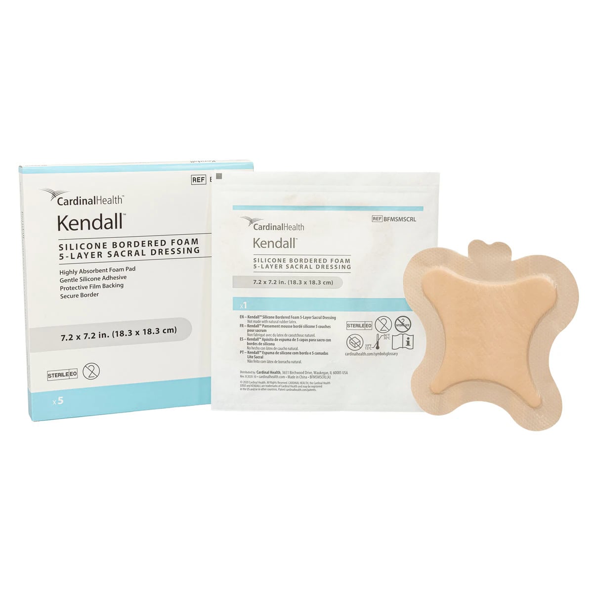 Kendall Foam Border Dressing, 7.2x7.2", Sterile, Sacrum Small, Silicone Adhesive, 5-Layer, Highly Absorbent, Latex-Free