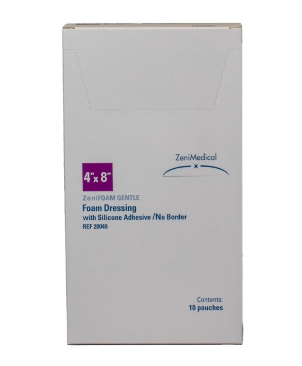 ZeniFOAM Gentle Polyurethane Foam Non-Border Dressing, 4x8", Sterile, Rectangle, Non-Adherent, Silicone Adhesive, Tan, Absorbent