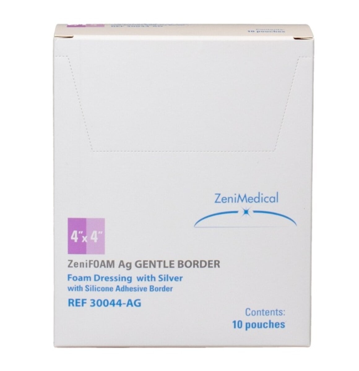 ZeniFOAM Ag Gentle Border Polyurethane Foam Dressing, 4x4", Sterile, Silicone Adhesive, Tan