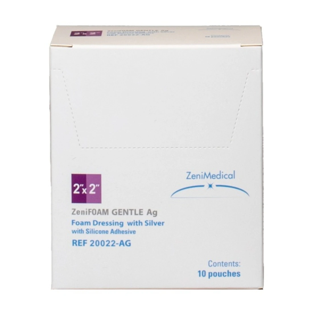 ZeniFOAM Ag Gentle Polyurethane Foam Non-Border Dressing, 2x2", Sterile, Square, Silicone Adhesive, Non-Adherent, Tan