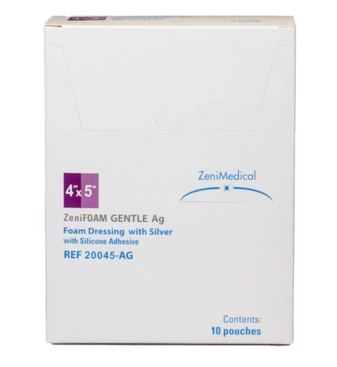 ZeniFOAM Ag Gentle Non-Border Polyurethane Foam Dressing, 4" x 5", Sterile, Silicone Adhesive, Tan, Latex-Free