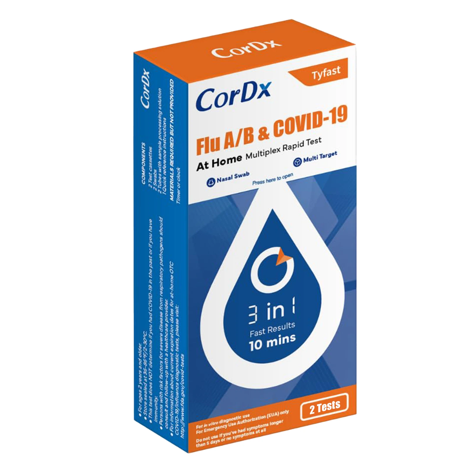 CorDx Tyfast SARS-CoV-2 & Flu A+B Rapid Test Kit, OTC, 6 Tests per Box (2 Tests per Kit, 3 Kits), 6x2/Box