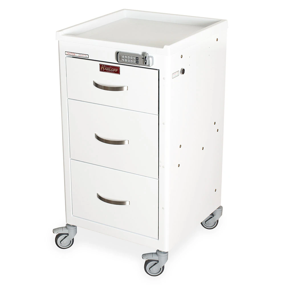 Harloff M-Series Infection Control Cart, 3" Caster, 3 Drawer, Electronic Push Button Lock