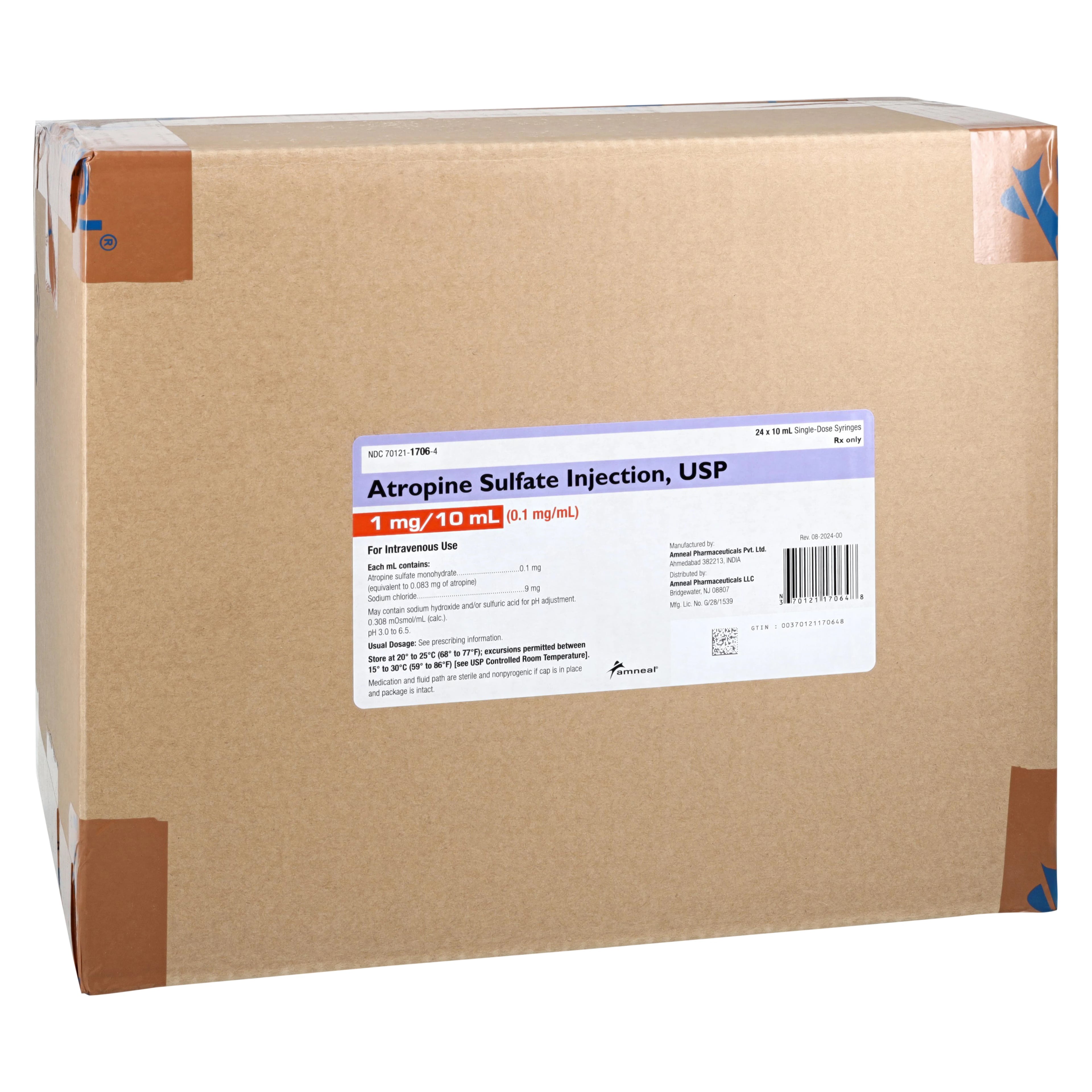 Atropine Sulfate Injection 0.1mg/mL Prefilled Syringe 10mL, 24/Package