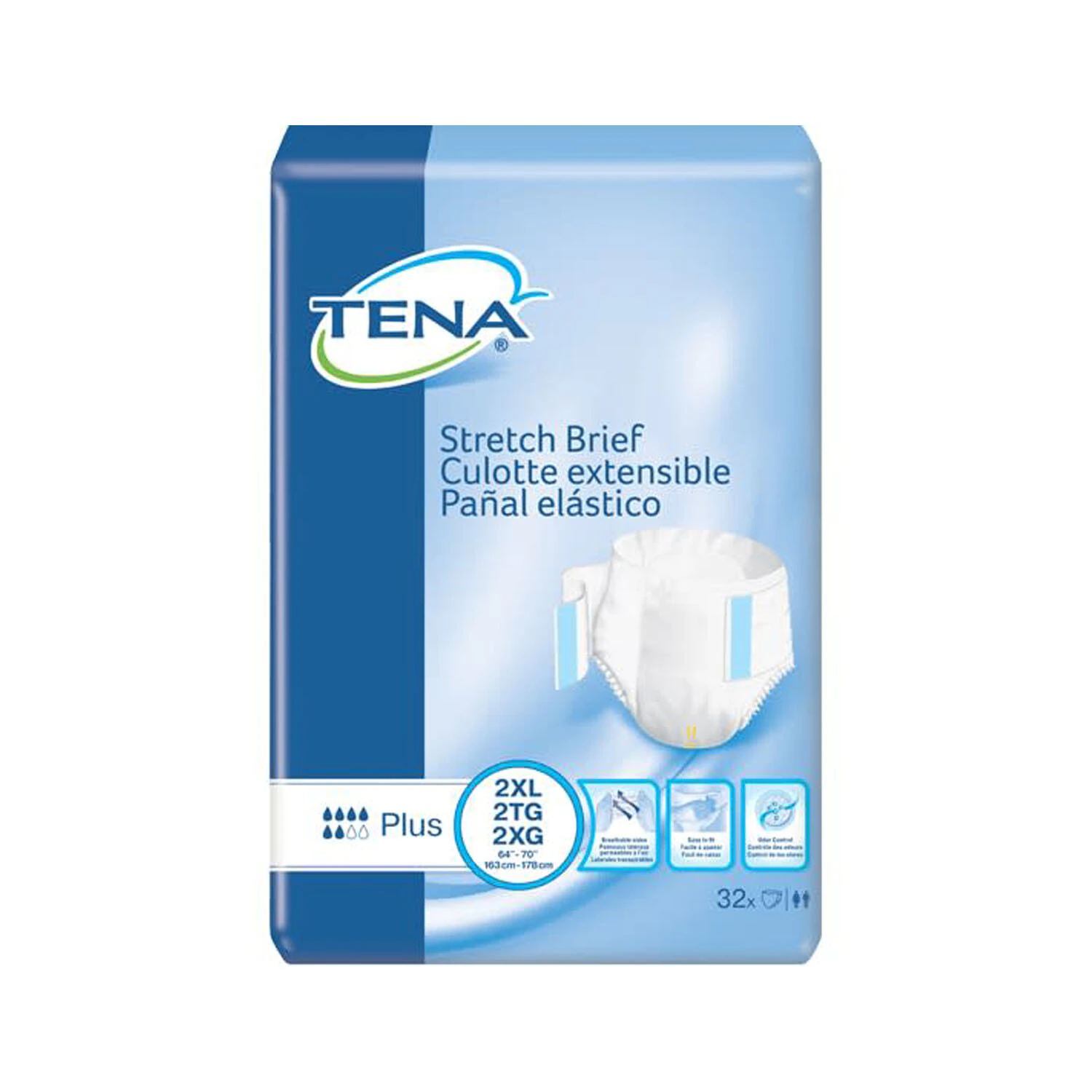 TENA Stretch Brief, Unisex Adult, 64-70" Waist, White, Moderate Absorbency, Hook and Loop, 64/Case