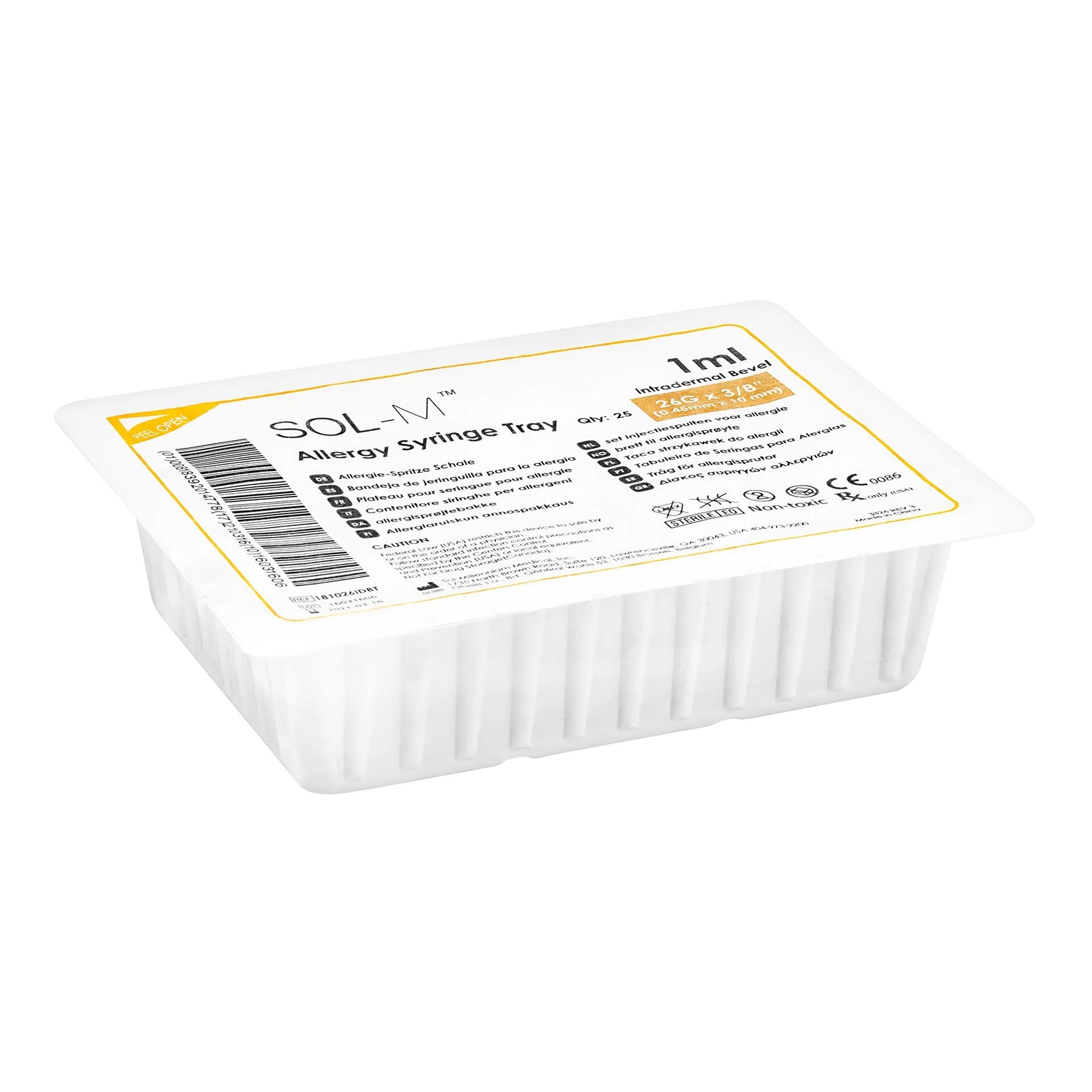 Sol-Millennium Allergy Syringe Tray, 1mL, 26G x 3/8", Non-Safety, Low Dead Space, Sterile, 25/Tray, 1000/Case