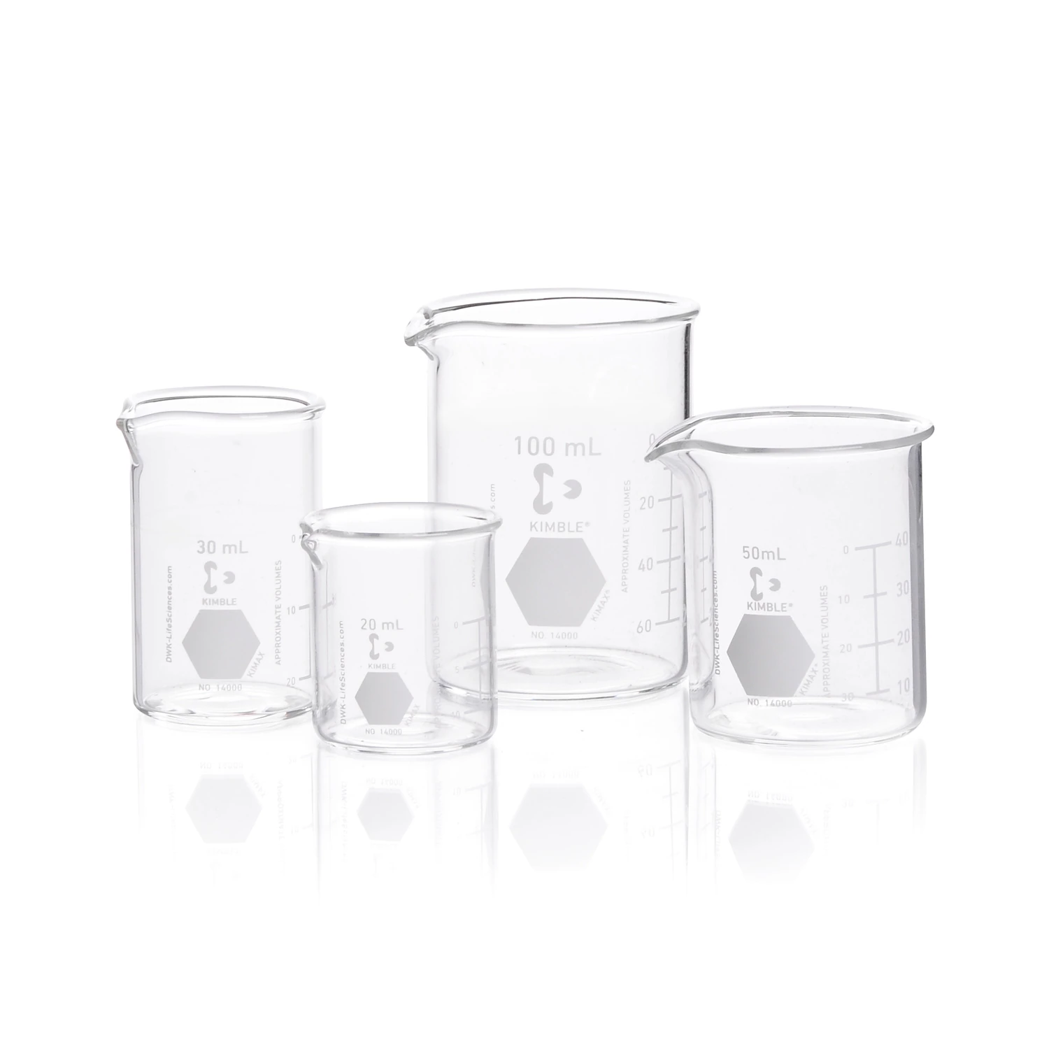 Kimax Griffin Beaker, Borosilicate Glass, 100mL, 70mm, Graduated 20-80mL, Writing Patch, Spout/Beaded Top, 48/Case