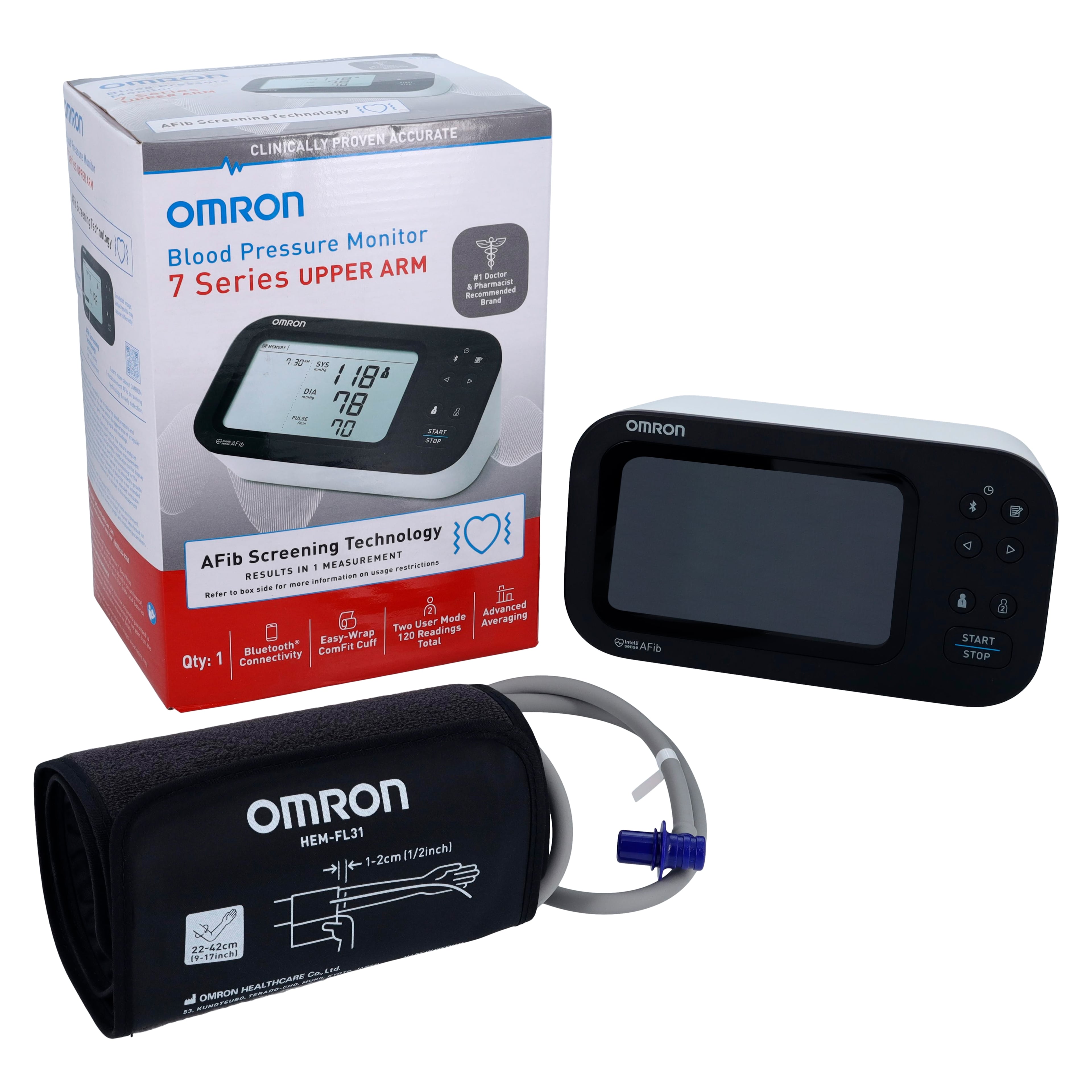Omron 7 Series Upper Arm Blood Pressure Monitor, Bluetooth, Black/White, 1" LCD Display, BP7350