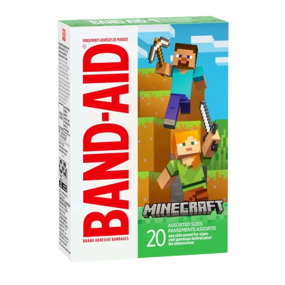 Band-Aid Brand Adhesive Bandages, Plastic, Assorted Minecraft Designs, Sterile, 20/Box
