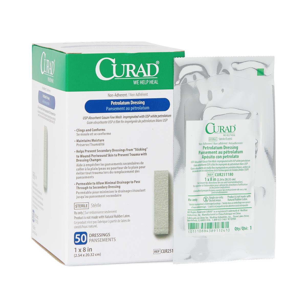 Curad Petrolatum Gauze Dressing, Sterile, 1" x 8", White, 12 per Box