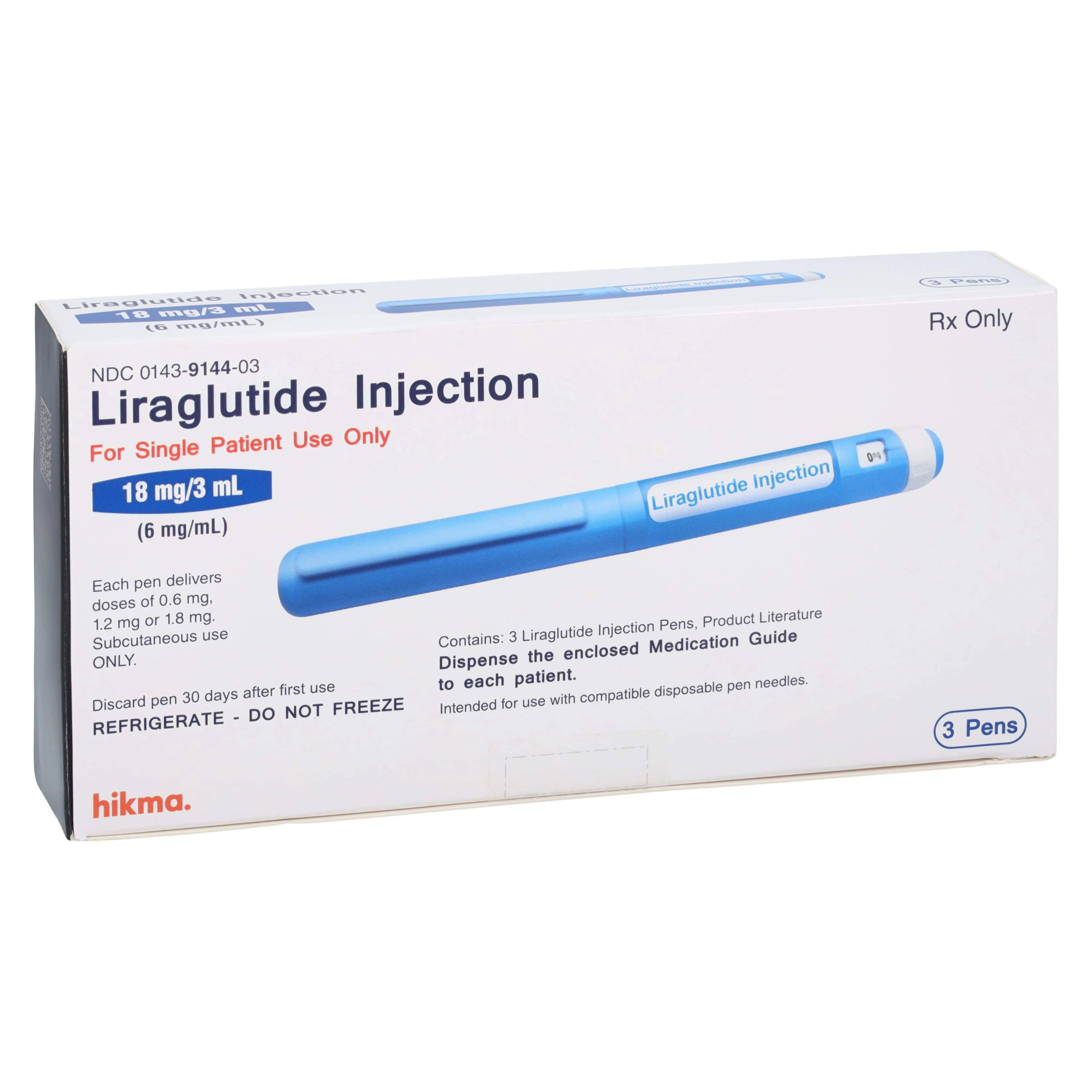 Liraglutide Injection 6mg/mL Prefilled Pens, 3mL, 3/Package (Hikma Pharmaceuticals)