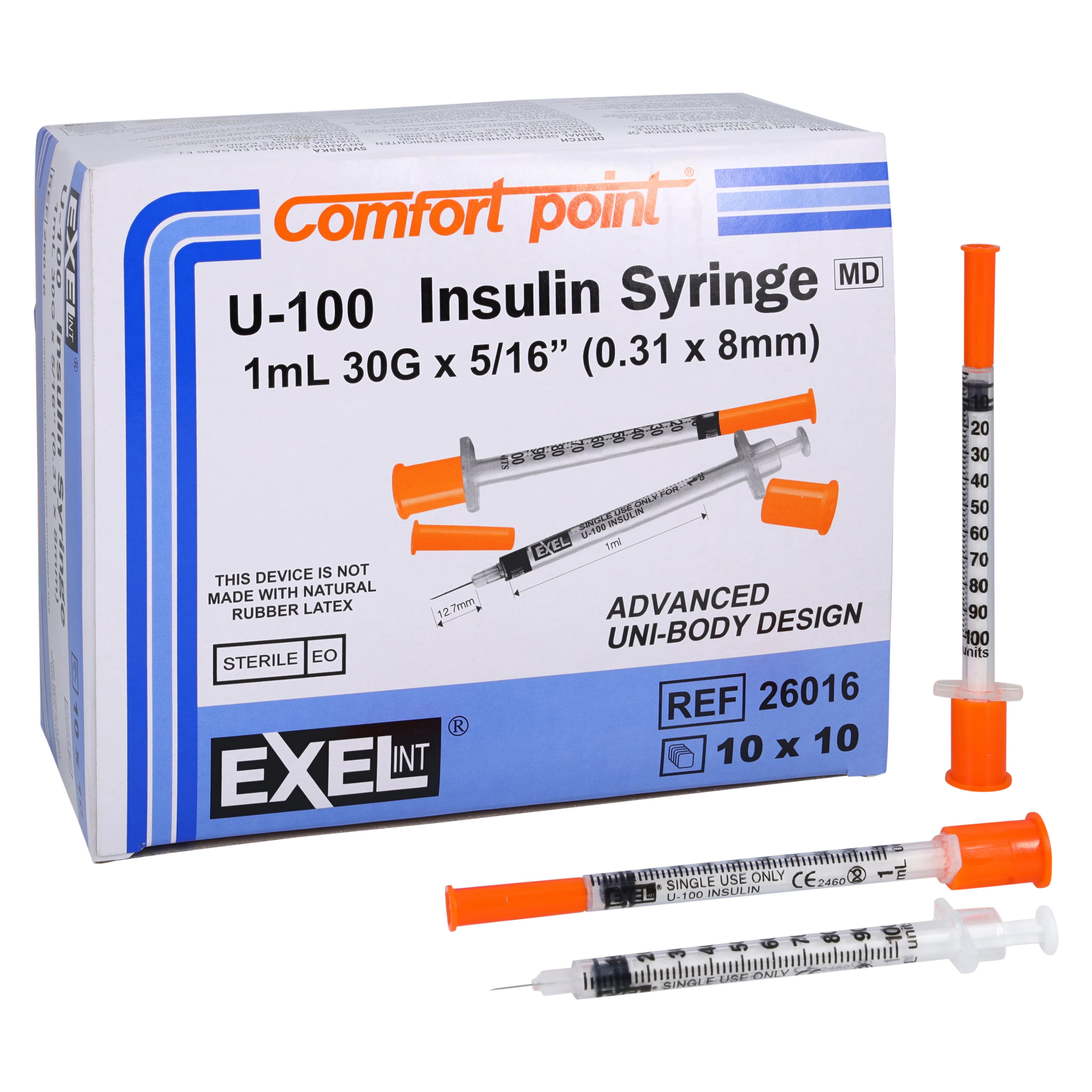 Exel Insulin Syringe with Needle, 1mL, 30G x 5/16", Non-Safety, Sterile, 100/Box