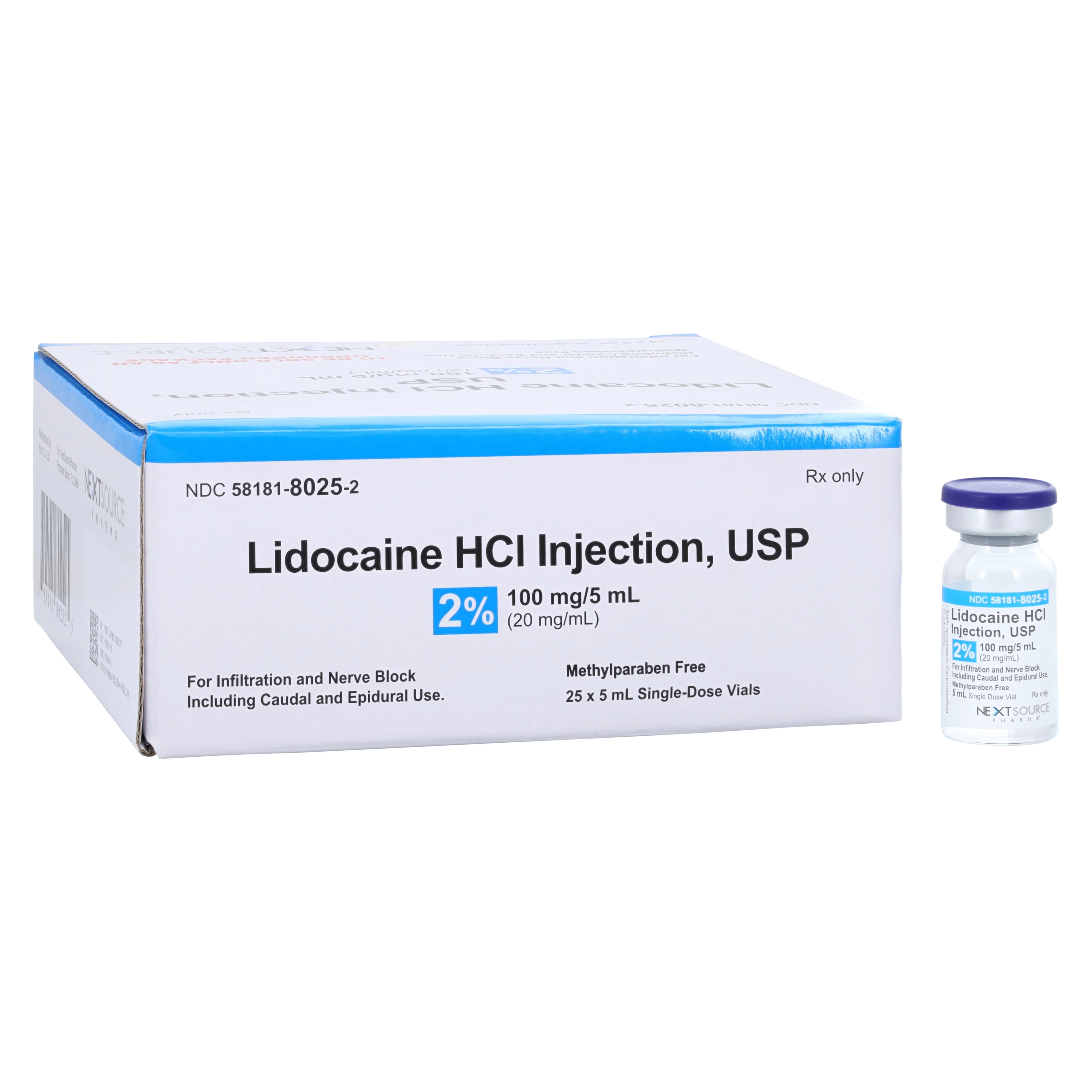 Lidocaine HCl Injection 2% Preservative Free, Single-Dose Vial, 5 mL, 25/Package