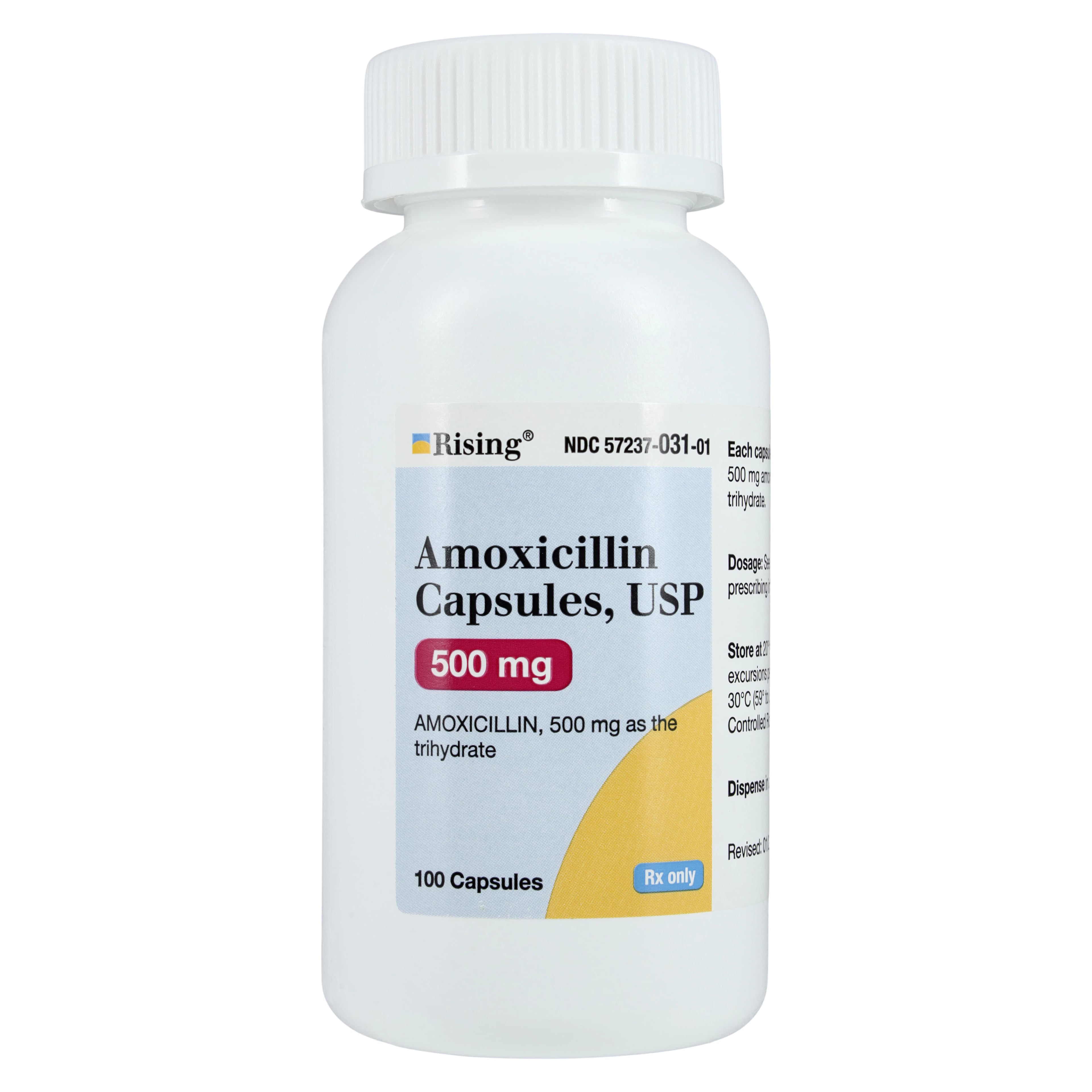 Rising Pharmaceuticals Amoxicillin USP 500mg Capsules, 100 Count Bottle (A45)