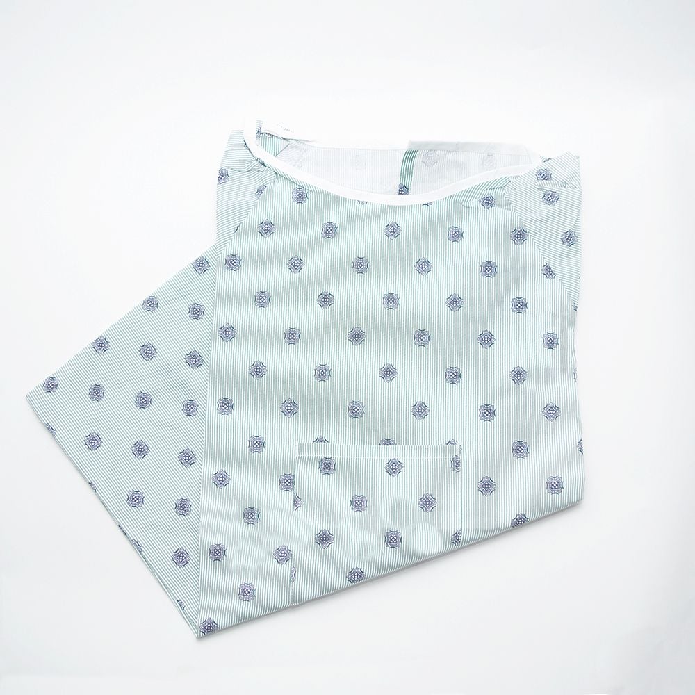 Calderon Textiles Patient Gown, Adult, Green Stripe / Blue Snowflake Print, 55% Cotton / 45% Polyester, with Pocket, 1/Dz