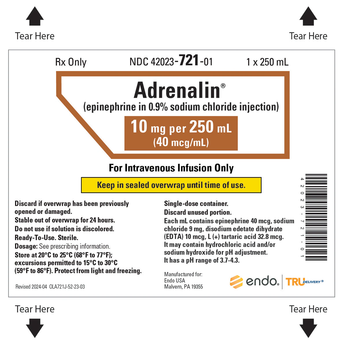 Adrenalin (Epinephrine) Injection 5mg/250mL IV Bag, 10/Package
