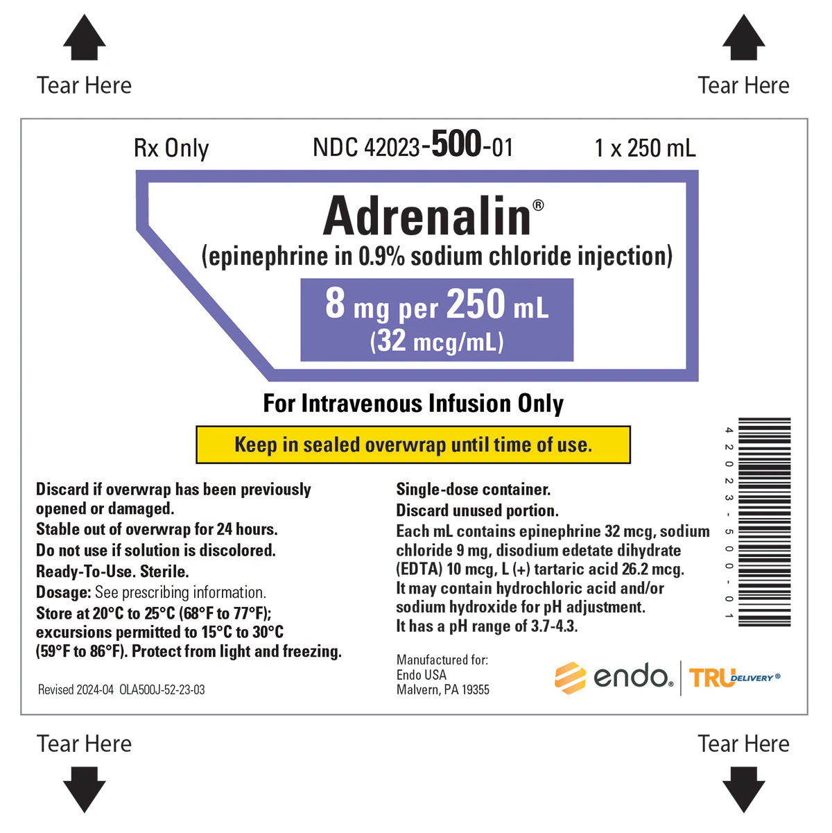 Adrenalin (Epinephrine) Injection 8mg/250mL IV Bag, 10/Package