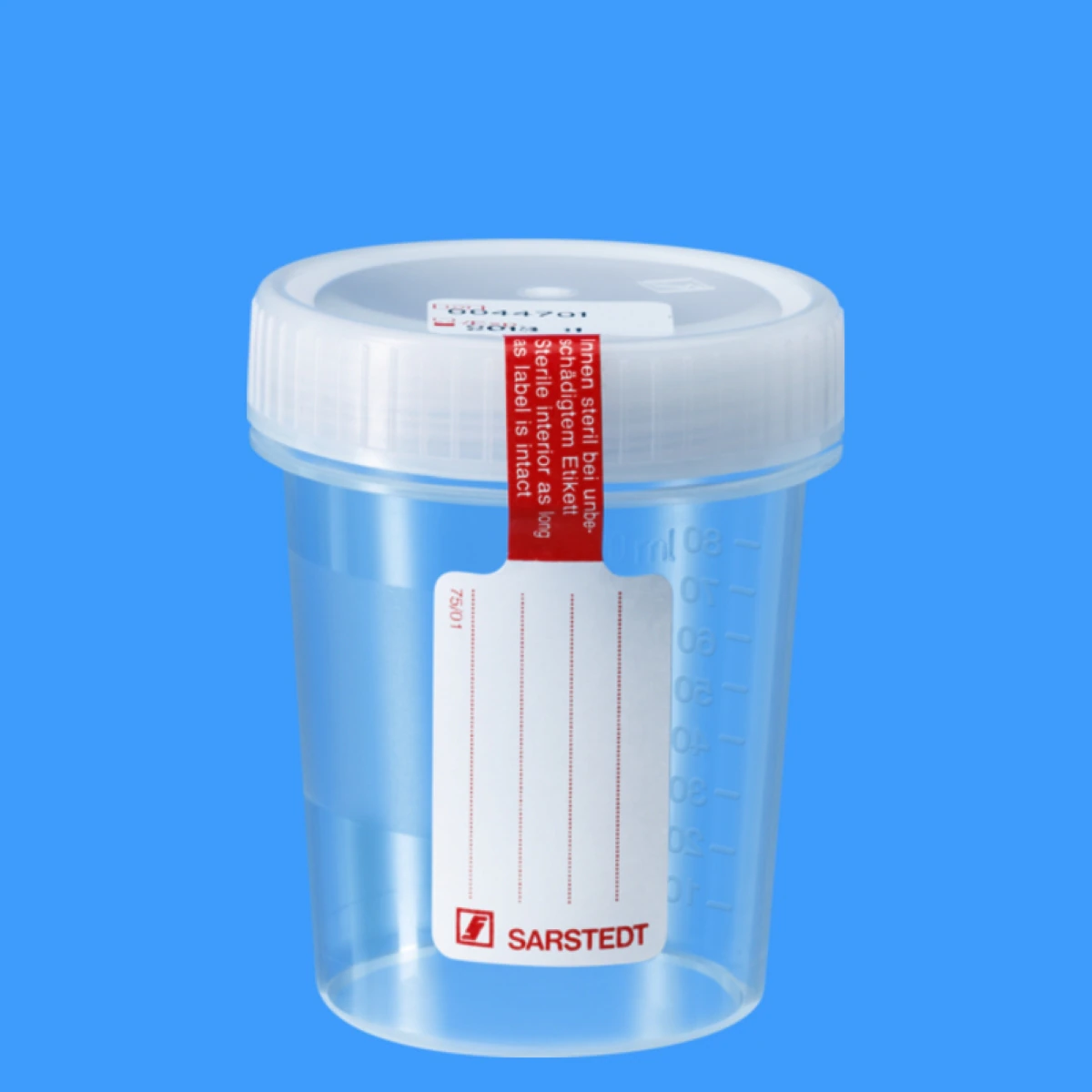 Sarstedt Urine Collection Cup, 100 mL, Polypropylene, Sterile, Graduated, White Screw Cap, 200/Case