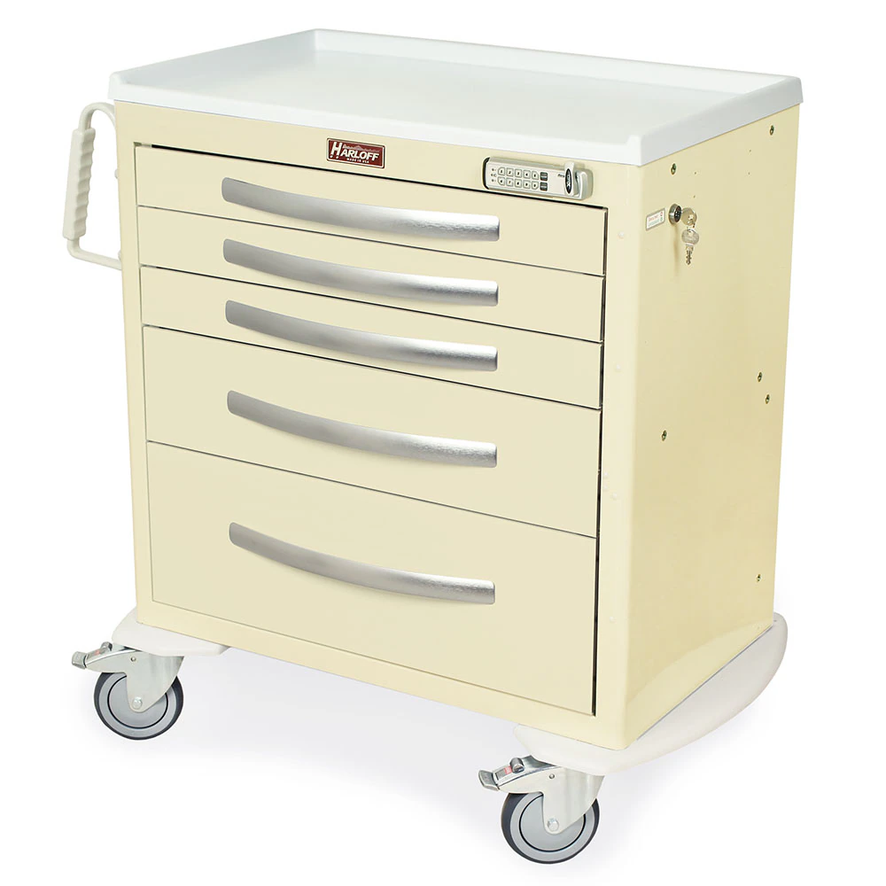 Harloff A-Series Medical Cart, Short, 5 Drawers, 5" Casters, Electronic Lock