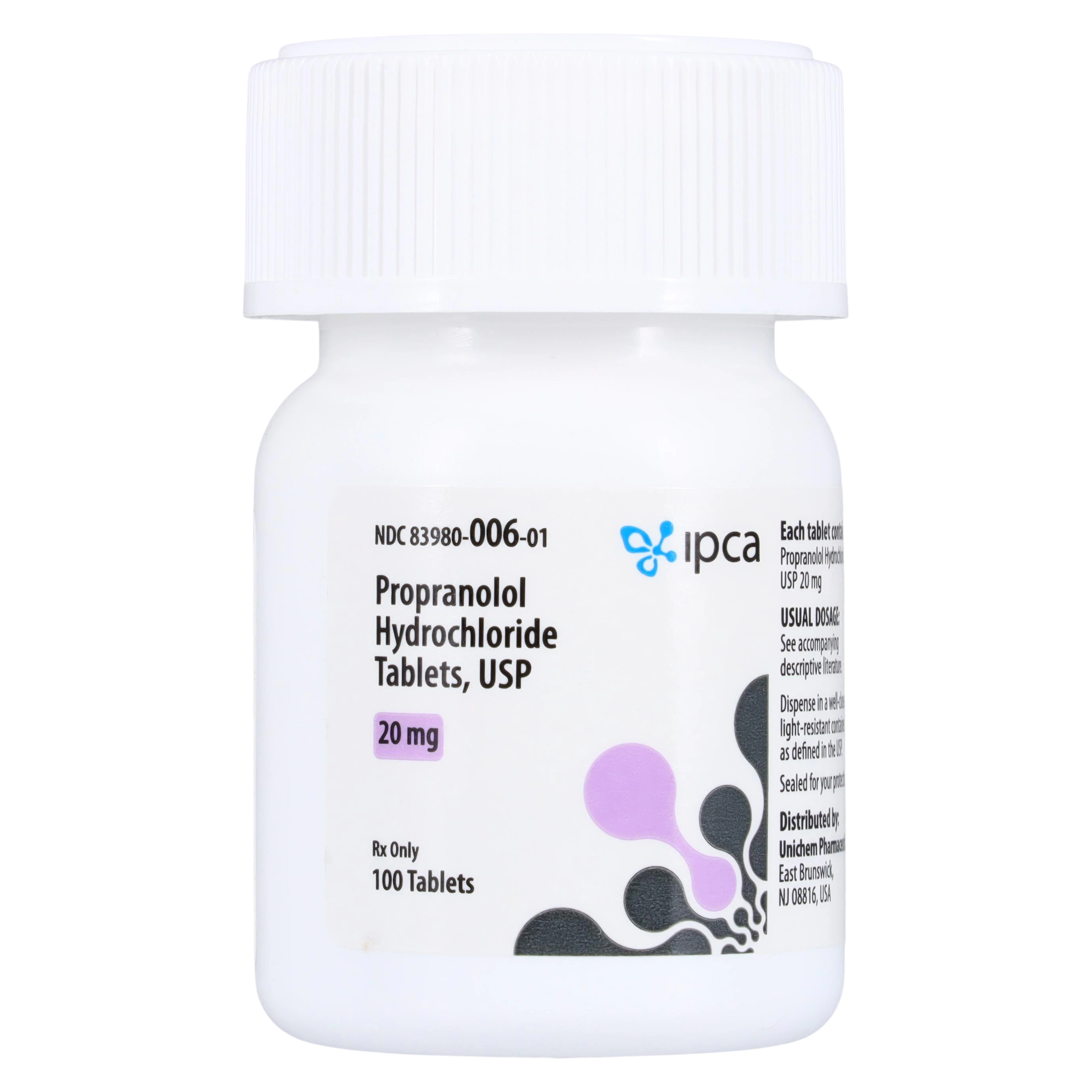 Propranolol HCl Tablets, 20 mg, 100 Tablets/Bottle (Unichem Pharmaceuticals)