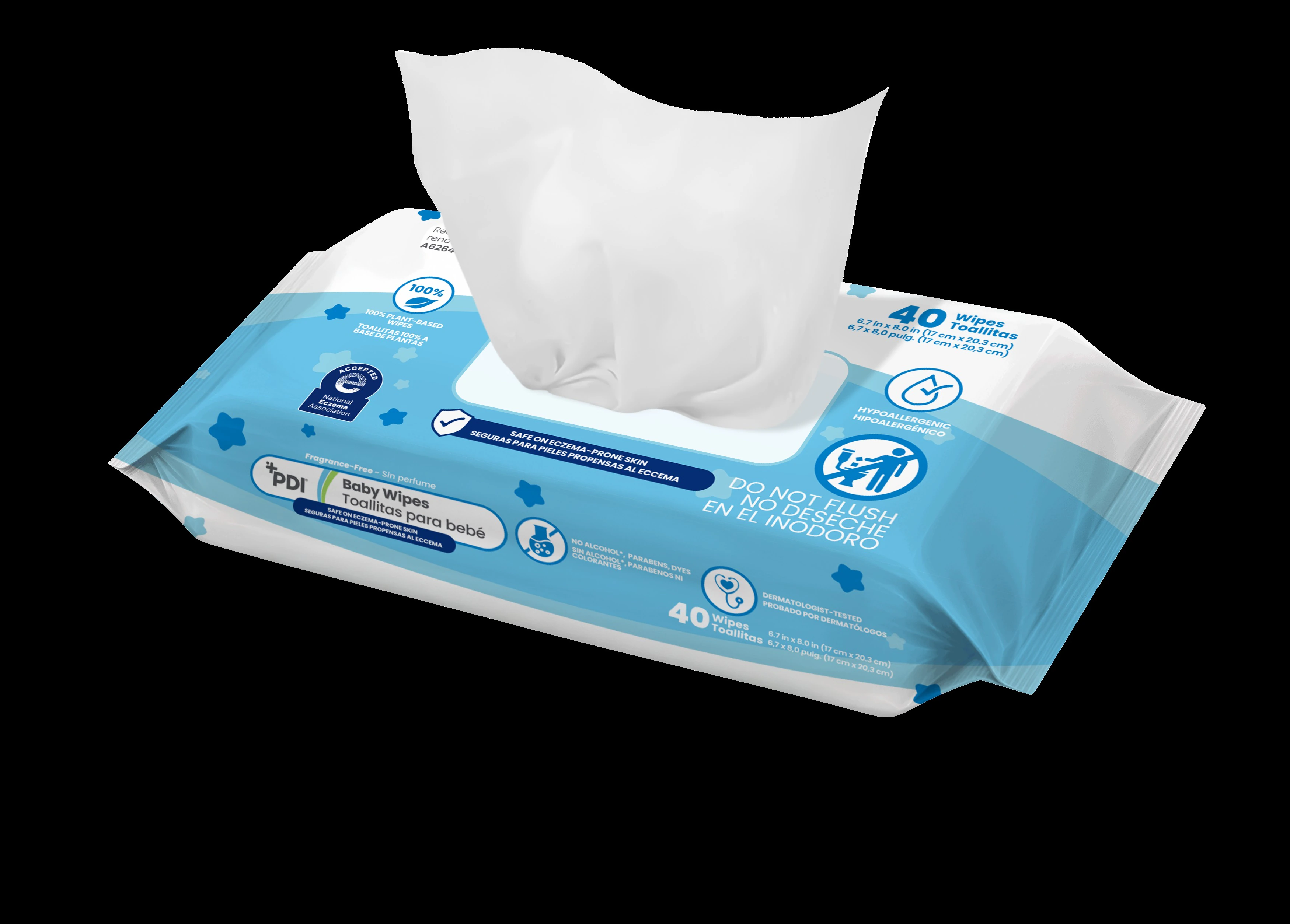 PDI Unscented Baby Wipes, Alcohol/Paraben Free, Hypoallergenic, 8x6.7", 40/Package