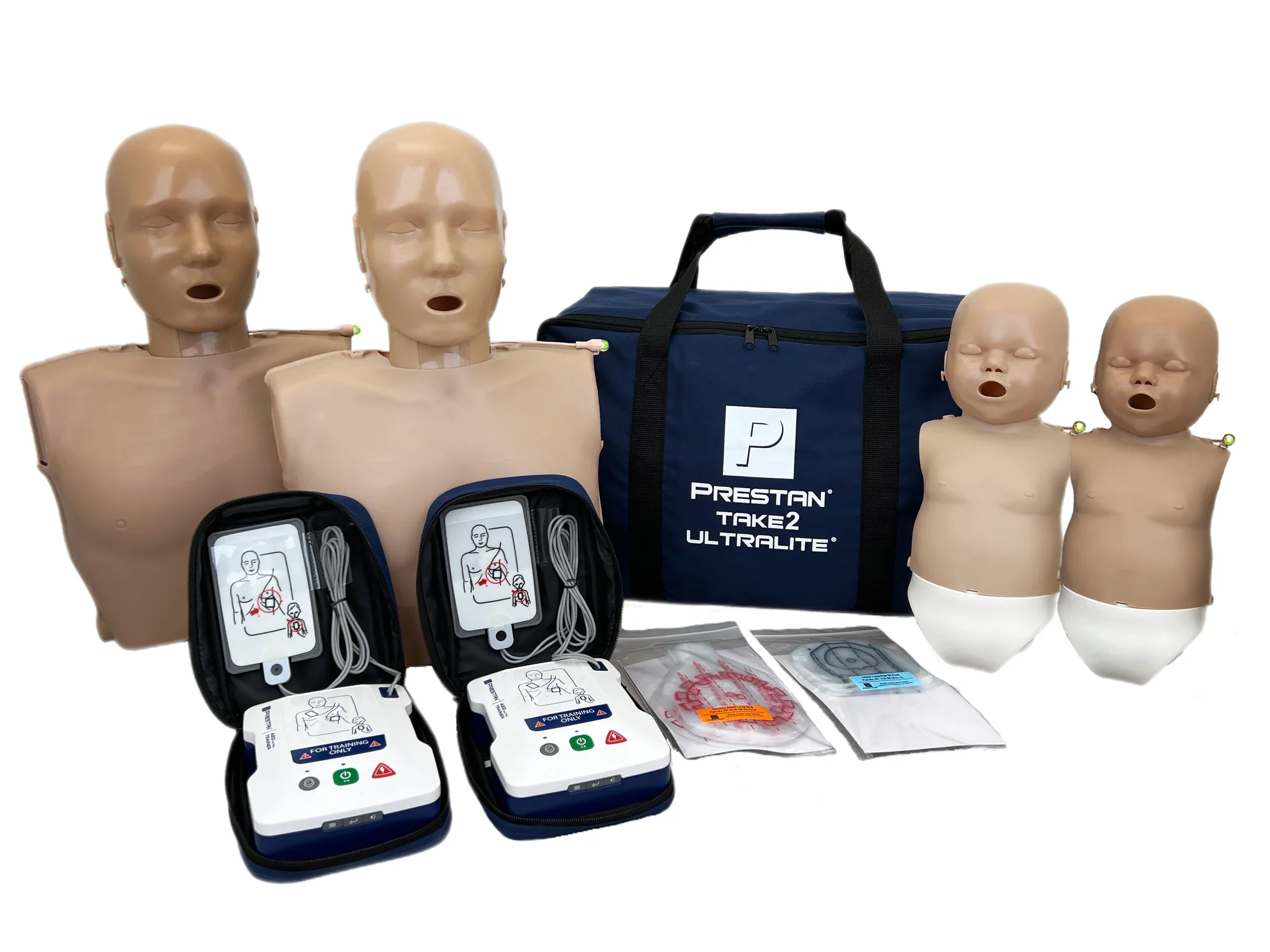 Prestan TAKE2 Ultralite CPR Training Manikin Kit, Diversity (2 Adult & 2 Infant, Medium/Dark Skin), with 2 AED UltraTrainers, 40 Face Shield/Lung Bags, Carry Bag