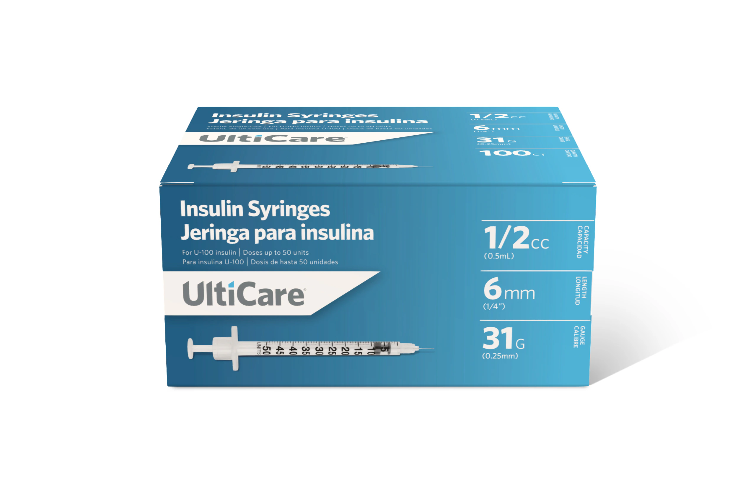 UltiCare Insulin Syringe with Needle, 31G x 6mm (1/4"), 0.5 mL, Low Dead Space, 500/Case