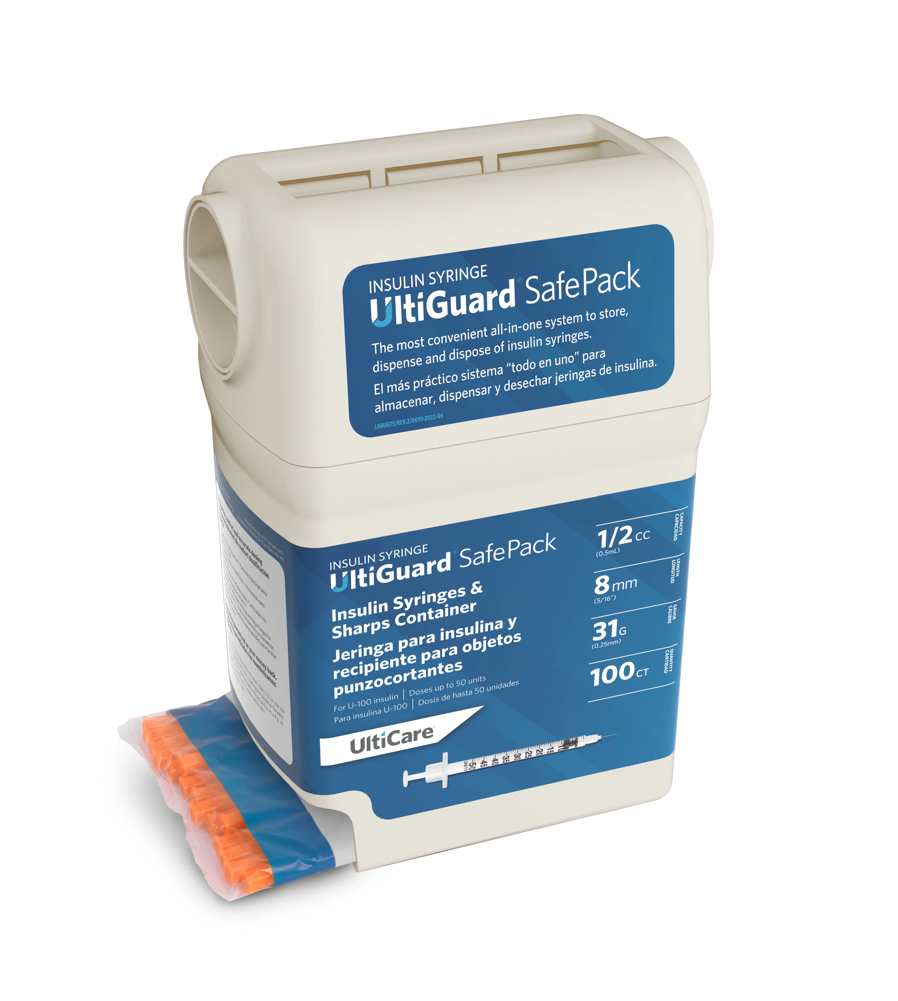 UltiGuard Insulin Syringe/Needle, 31G x 5/16", 0.5 mL, Non-Safety, with Sharps Container, 500/Case