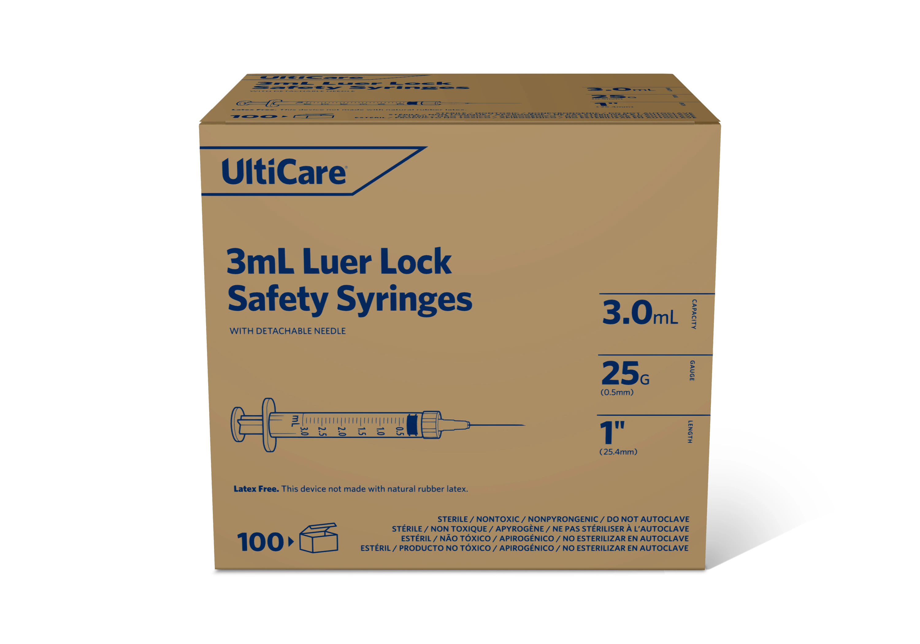 UltiCare Luer Lock Safety Syringe with Needle, 25G x 1", 3 mL, Detachable Safety Shield, 400/Case