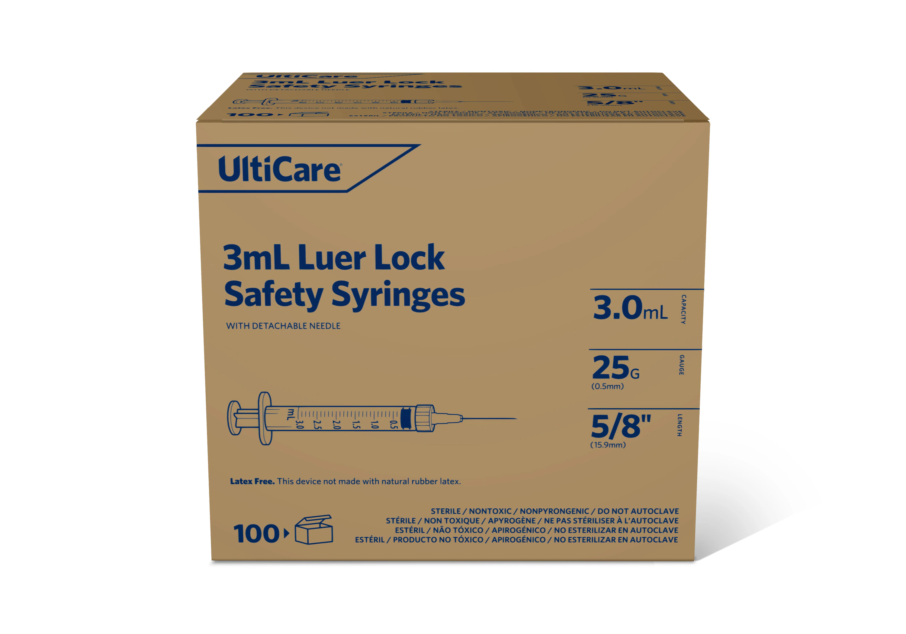 UltiCare Luer Lock Syringe with Needle, 25G x 5/8", 3 mL, Safety Shield, Detachable, 400/Case