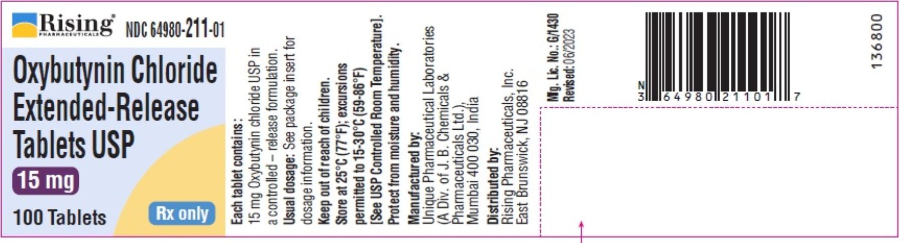 Oxybutynin Chloride ER Tablets 15mg, 100/Bottle, Rising Pharmaceuticals, 01KT0J09B5VDN9N57TJ89CB8A0