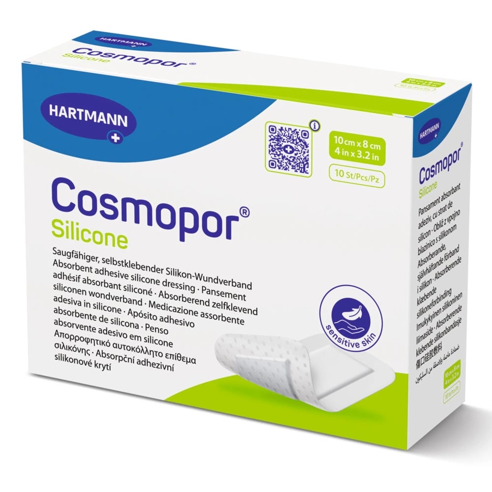 Hartmann Cosmopor Silicone Post-Op Dressing, 4" x 3.2", Sterile, Non-Adherent, Silicone Adhesive, White, Absorbent, 3-Layer, Rectangle