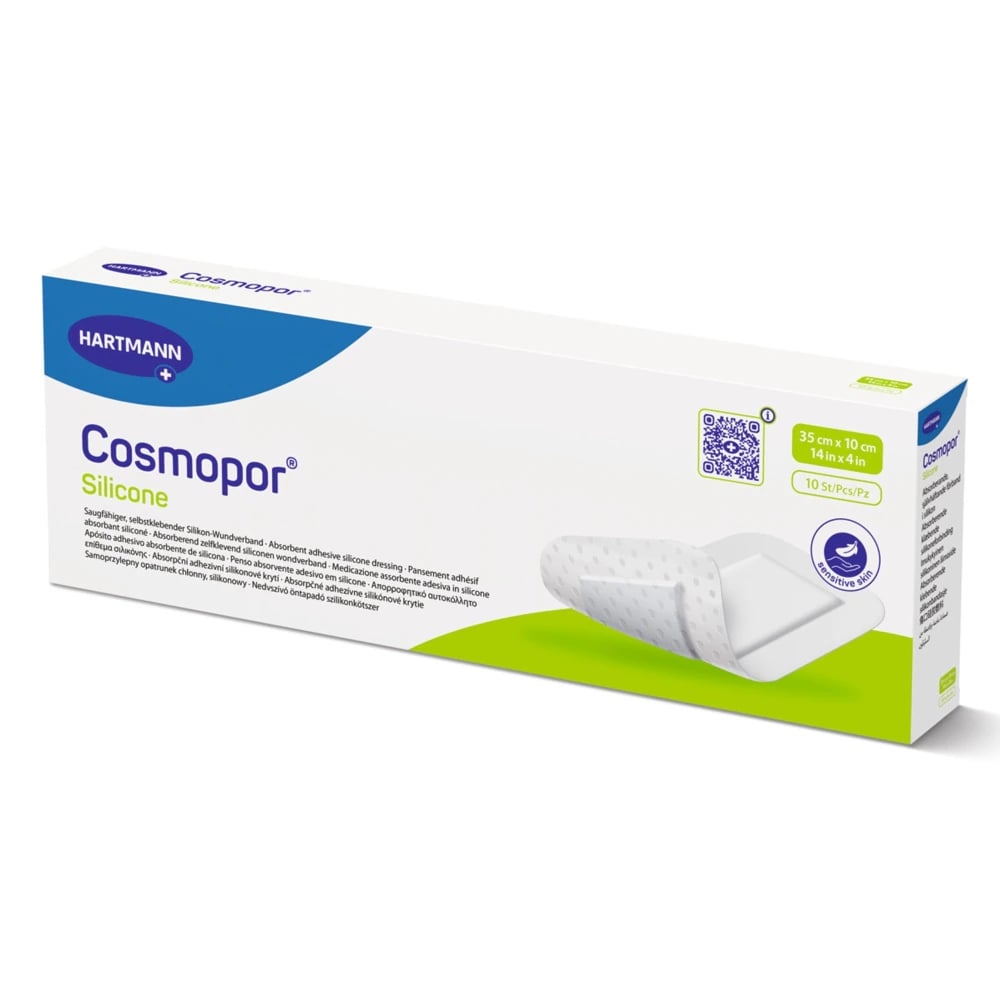 Hartmann Cosmopor Silicone Post-Op Dressing, 4" x 14", Sterile, Rectangle, Non-Adherent, Silicone Adhesive, White, Absorbent
