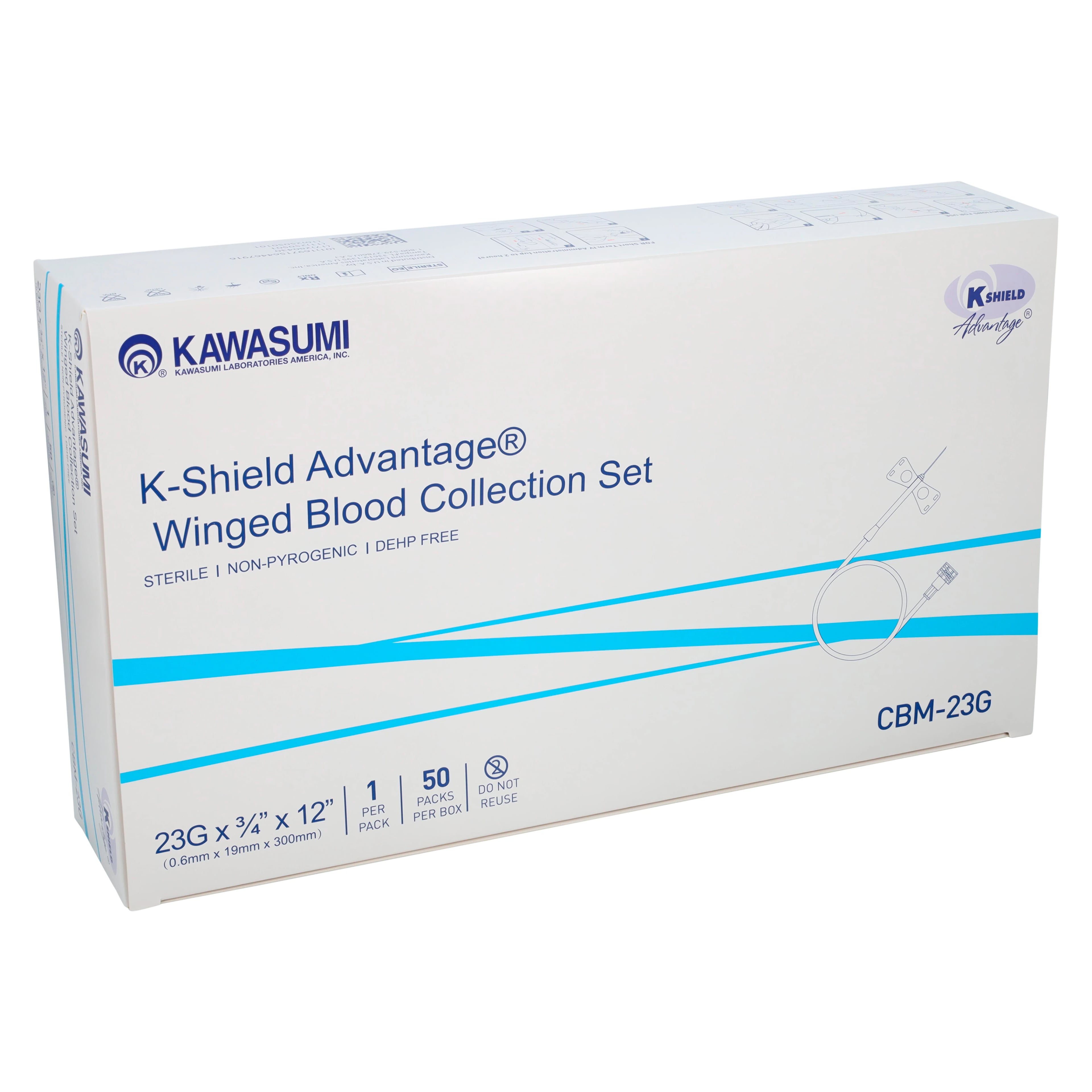 K-Shield Advantage Blood Collection Set, 23G x 3/4", Winged, 12" Tubing, Light Blue, Safety, Sterile, Latex-Free, 500/Case