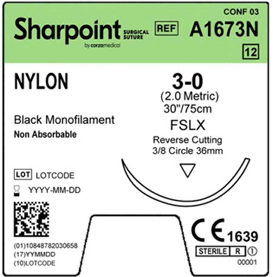 Sharpoint Suture Nylon 3-0, 30", Non-Absorbable, FSLX Reverse Cutting 3/8 Circle Needle 36mm, Black, 12/Box