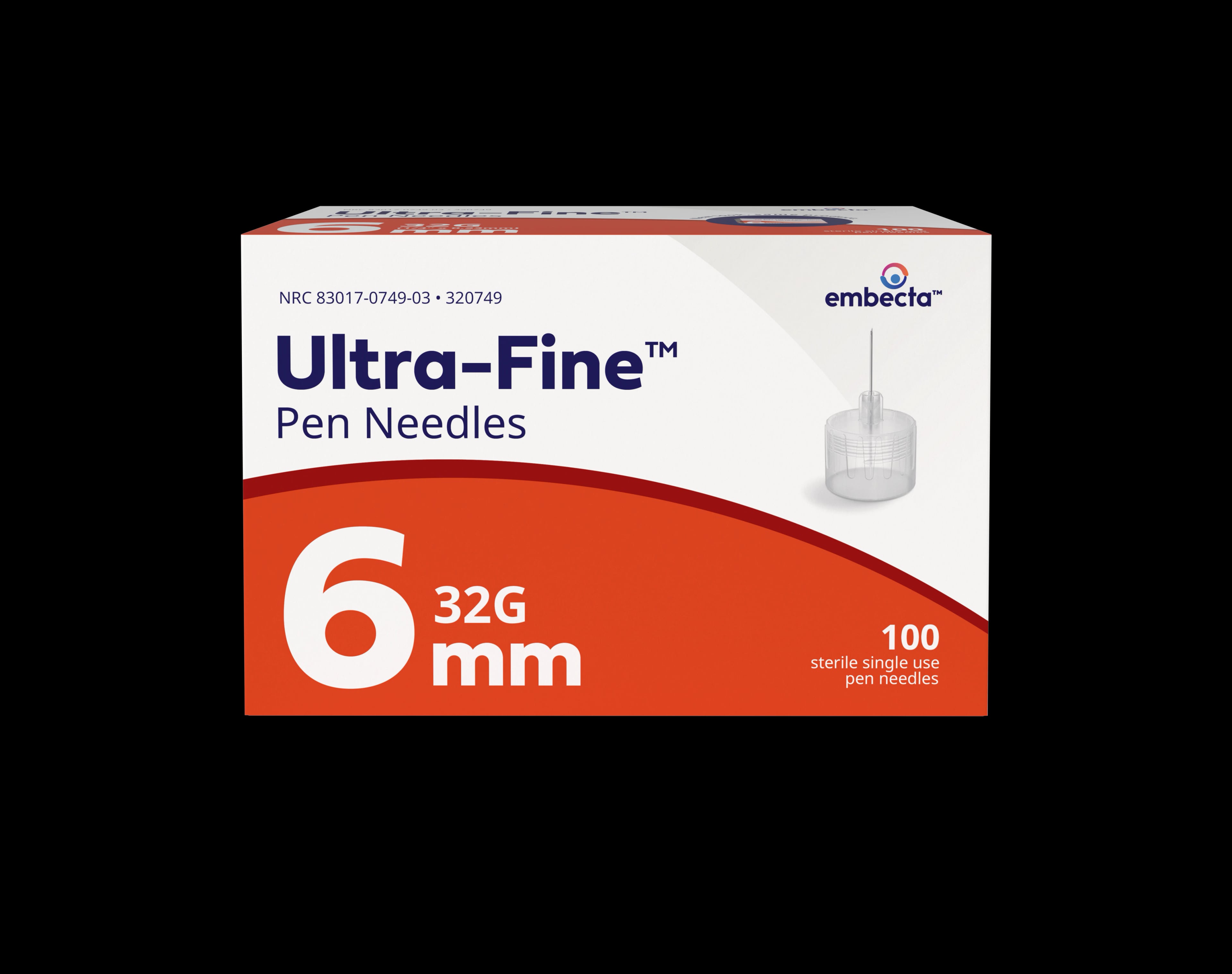 Embecta Ultra-Fine Pen Needles, 32G x 6mm, 3-Bevel, Sterile, Non-Safety, Clear, 100/Box