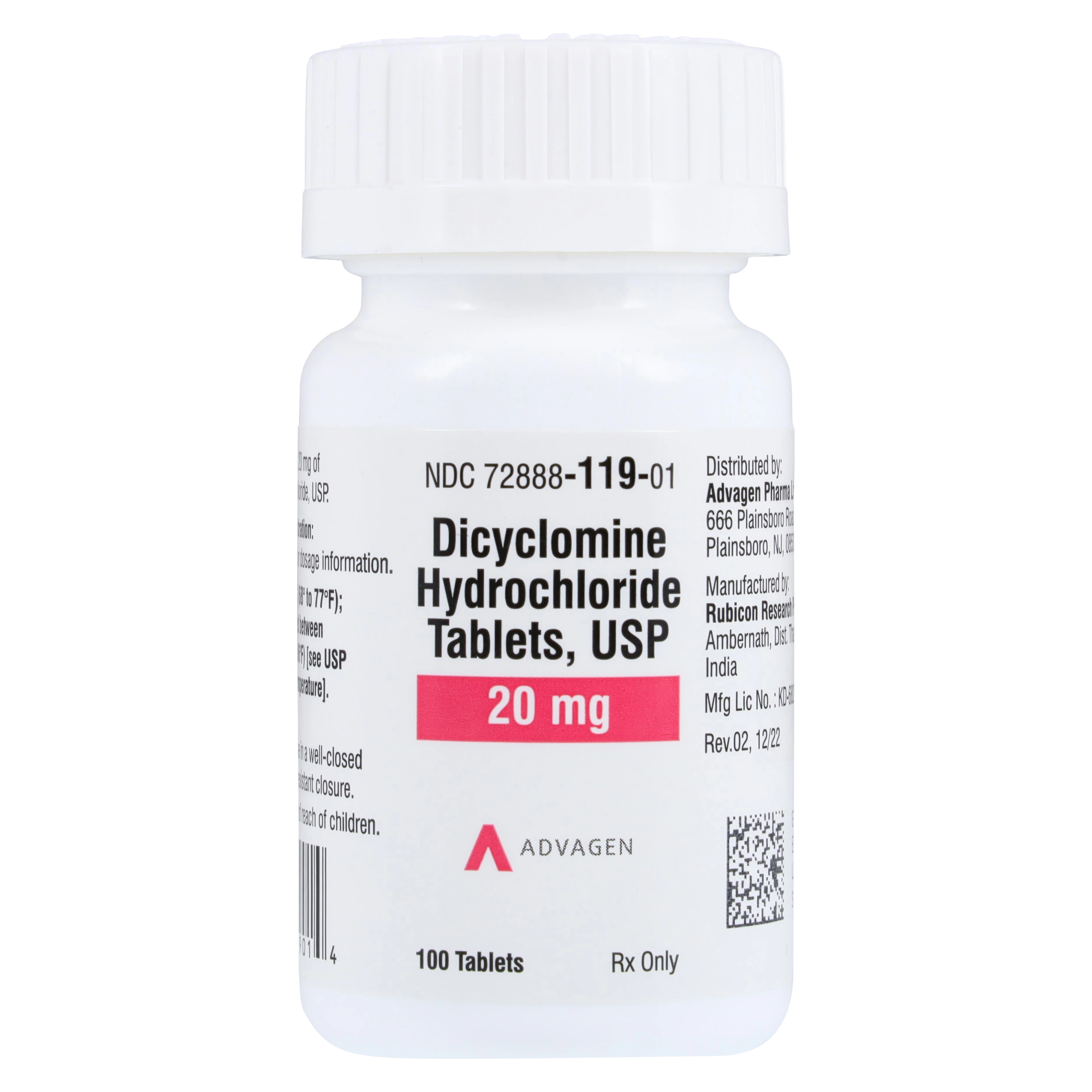 Dicyclomine HCl Tablets, 20mg, 100/Bottle, Advagen Pharma