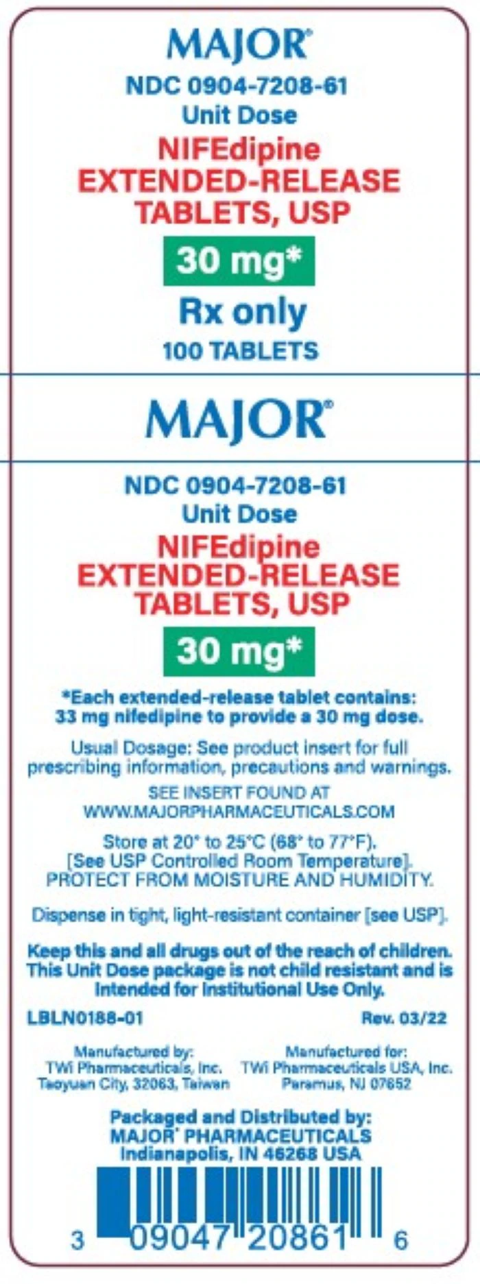 Nifedipine Extended-Release Tablets 30 mg, Unit Dose, 100/Package (Major Pharmaceuticals)