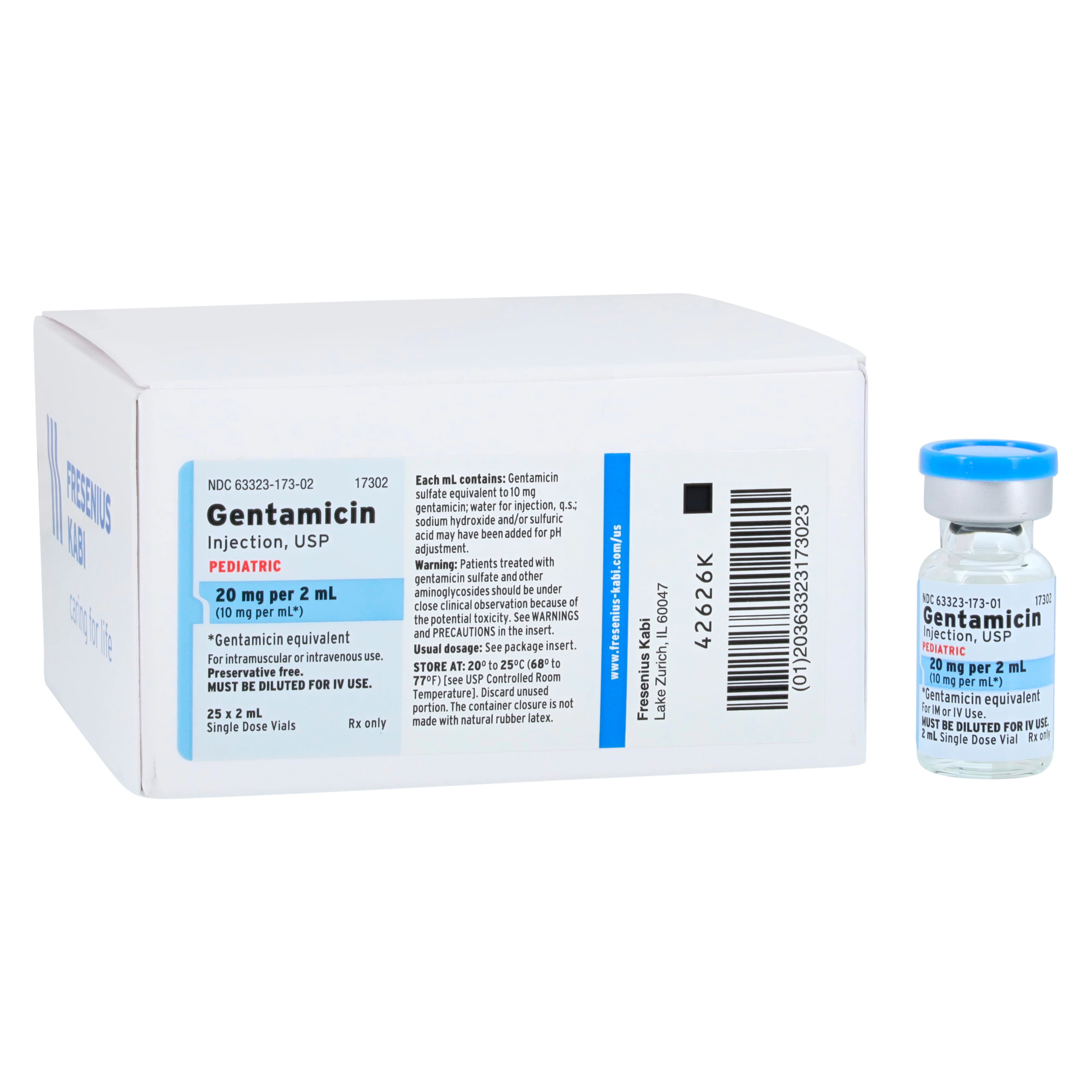 Gentamicin Injection 10 mg/mL, Pediatric Single-Dose Vial, 2 mL, 25/Package