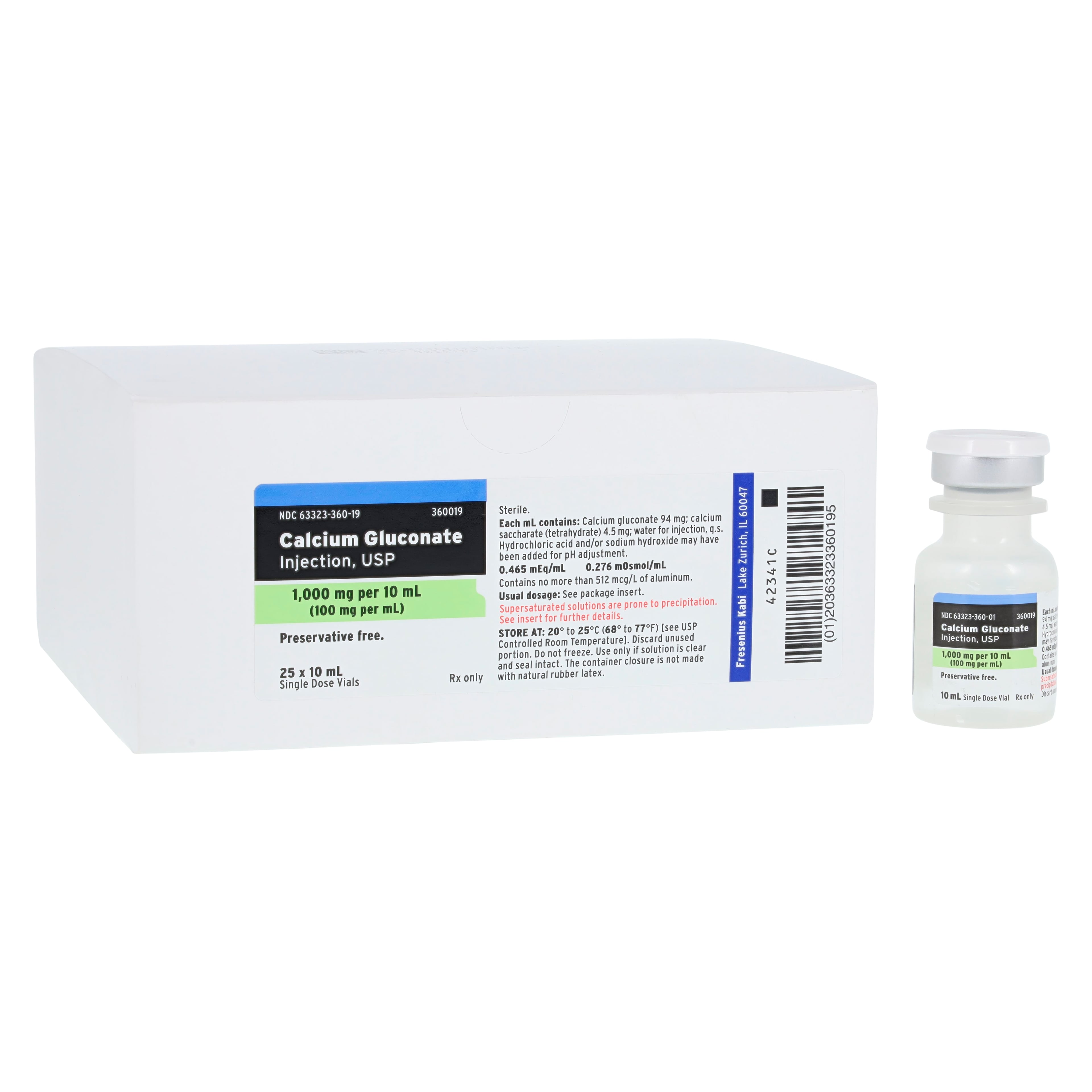 Calcium Gluconate Injection 100 mg/mL, Single-Dose Vial, 10 mL, 25/Package