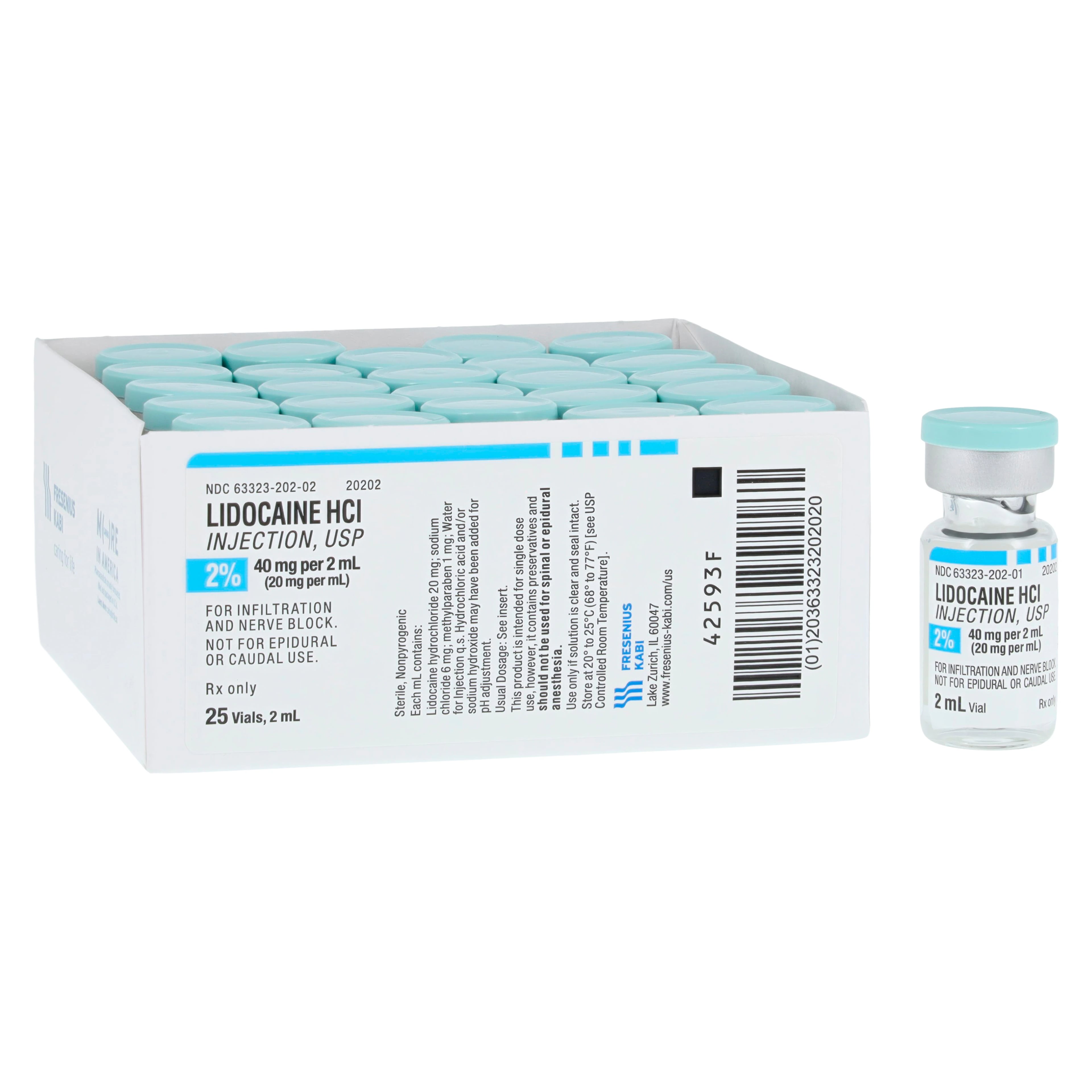Lidocaine HCl Injection 2% Single-Dose Vial, 2 mL, 25/Package (Fresenius Kabi)