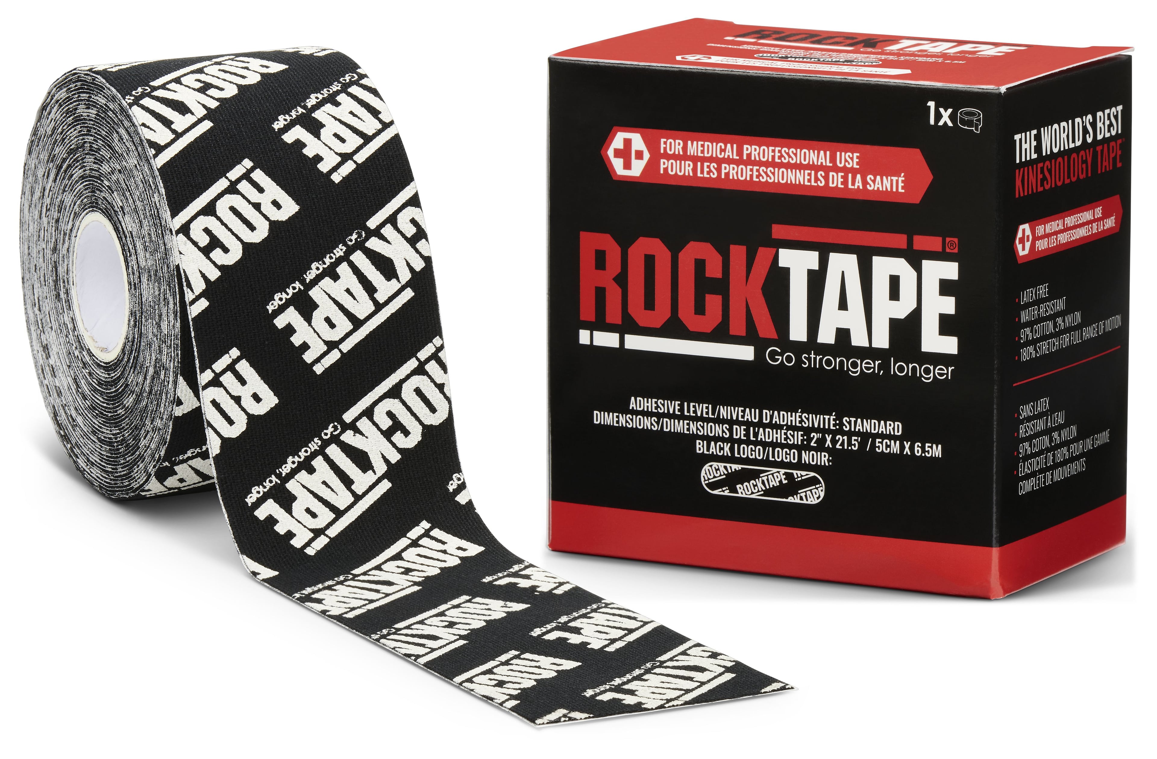 RockTape Standard Kinesiology Tape, Black with Logo, 2" x 21.5', Each
