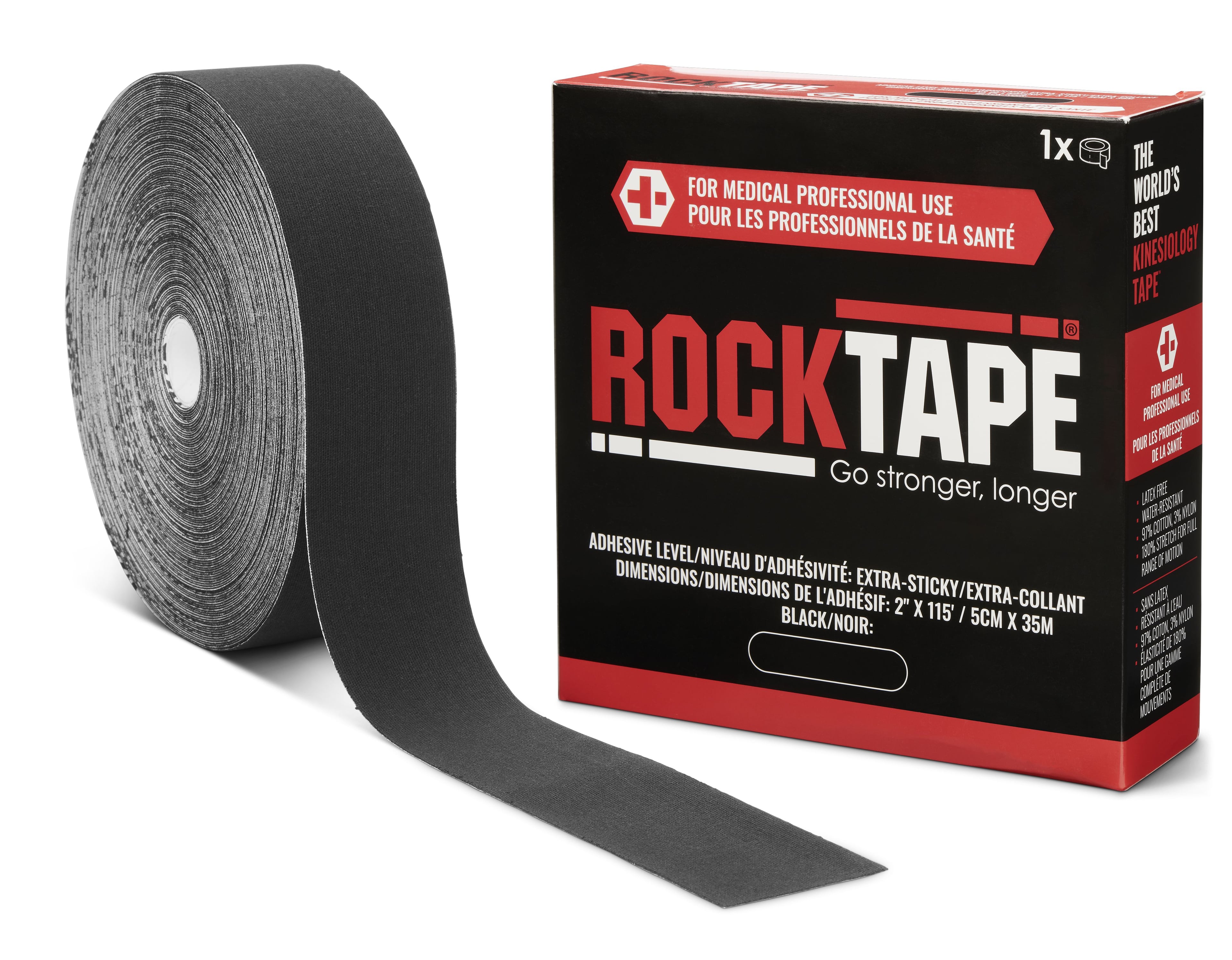 RockTape Xtr-Sticky Kinesiology Tape, Black, 2" x 115' Roll