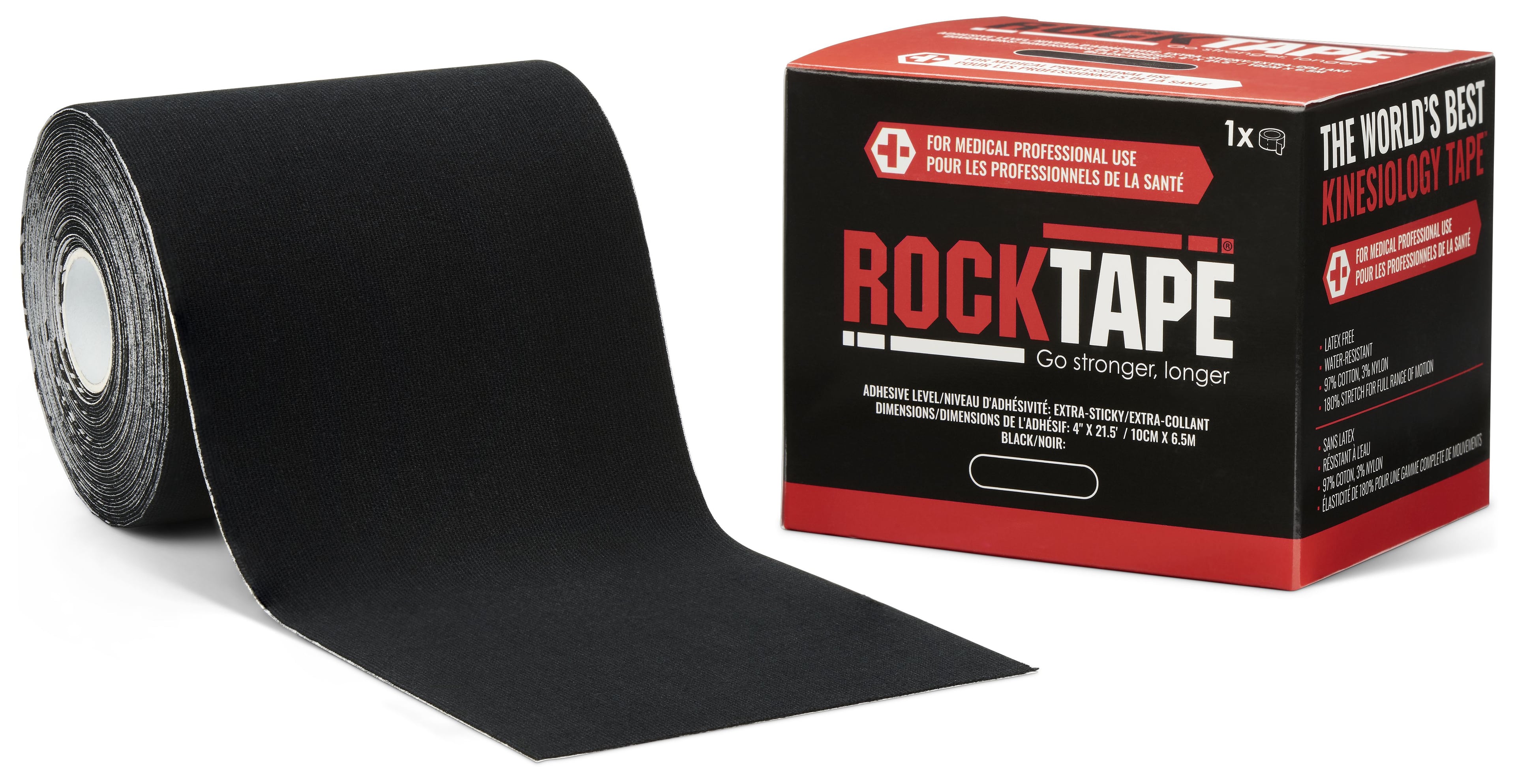 RockTape Xtr-Sticky Kinesiology Tape, Black, 4" x 21.5' Roll